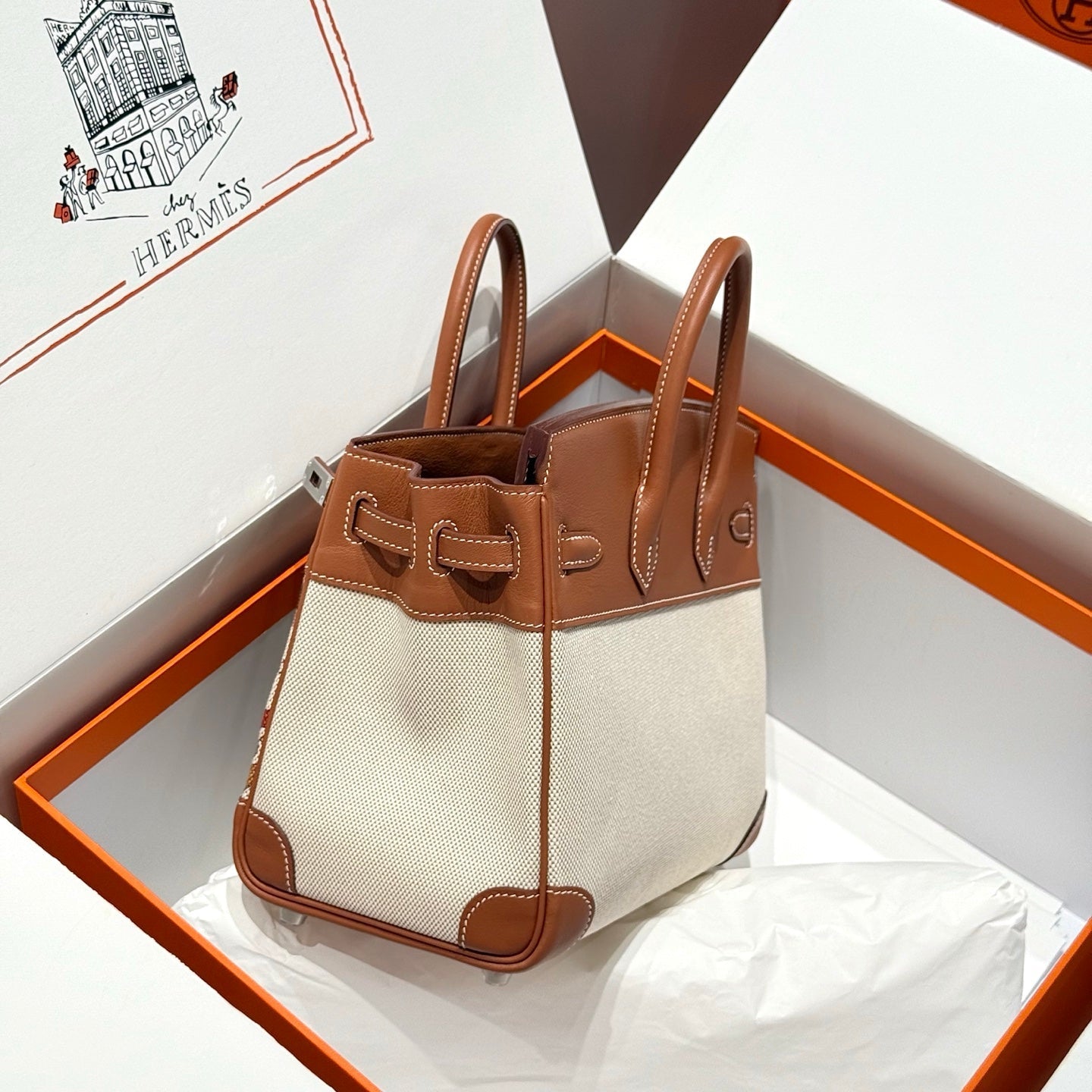 Birkin 25cm Golden Brown Swift Cowhide With Horse Totem Beige Canvas Fabric Shw 249990