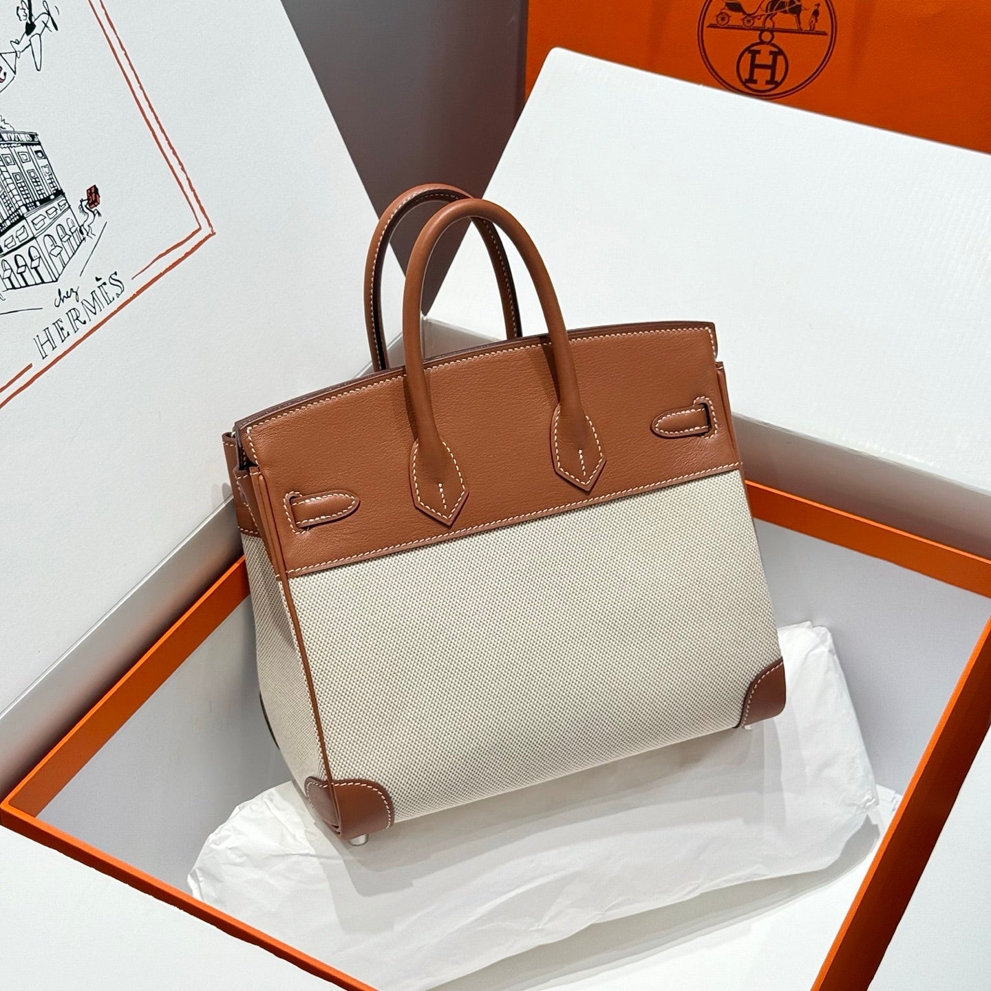Birkin 25cm Golden Brown Swift Cowhide With Horse Totem Beige Canvas Fabric Shw 249990