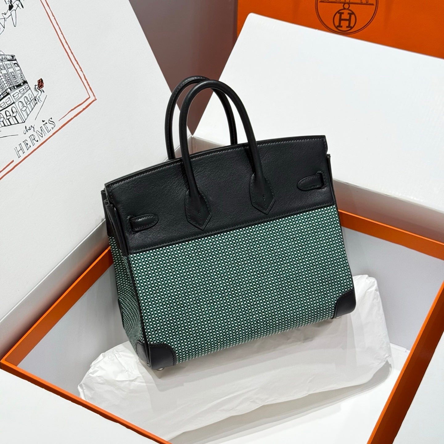 Birkin 25cm Black Swift Cowhide With Waffe Forest Green Canvas Fabric Shw 249987
