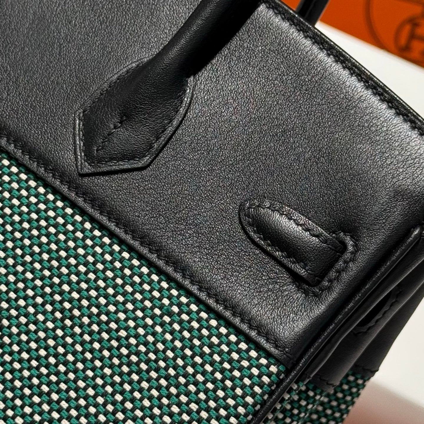 Birkin 25cm Black Swift Cowhide With Waffe Forest Green Canvas Fabric Shw 249987