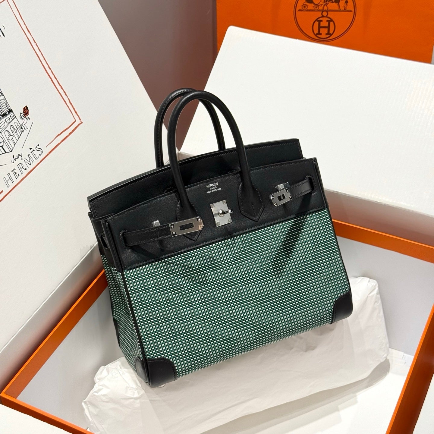 Birkin 25cm Black Swift Cowhide With Waffe Forest Green Canvas Fabric Shw 249987