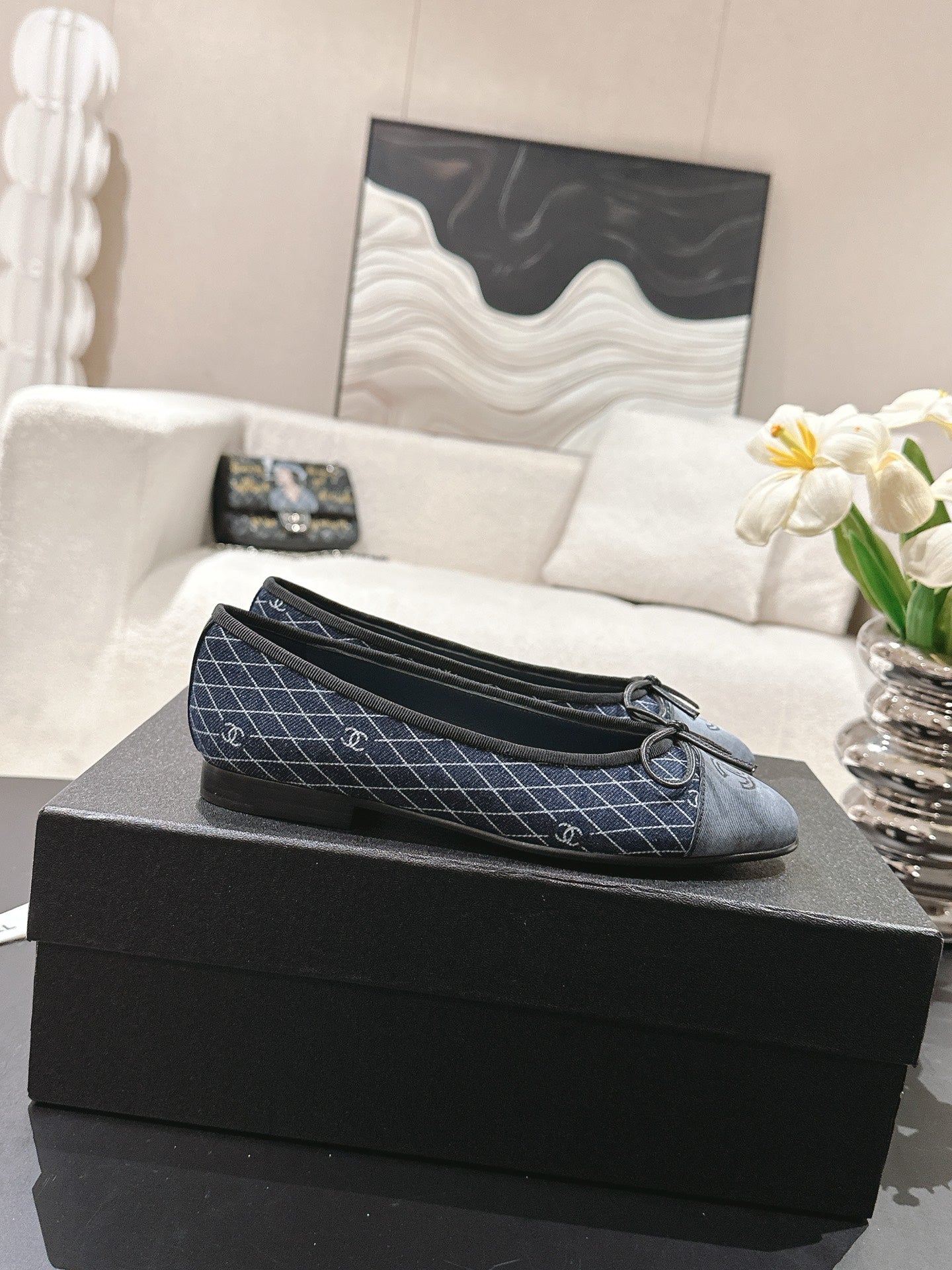 25c ballet flat cross line pattern dark blue denim 237480