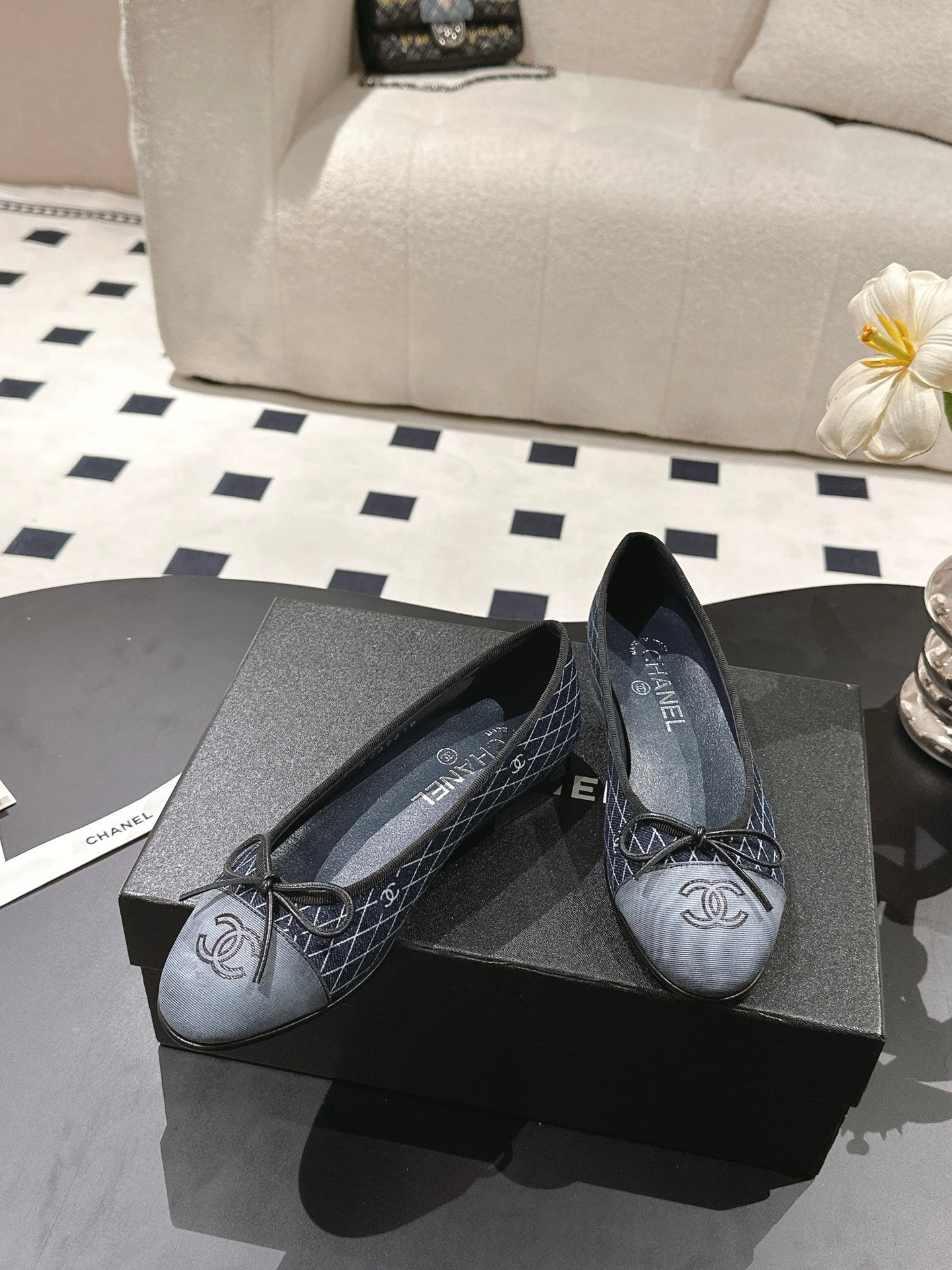25c ballet flat cross line pattern dark blue denim 237480