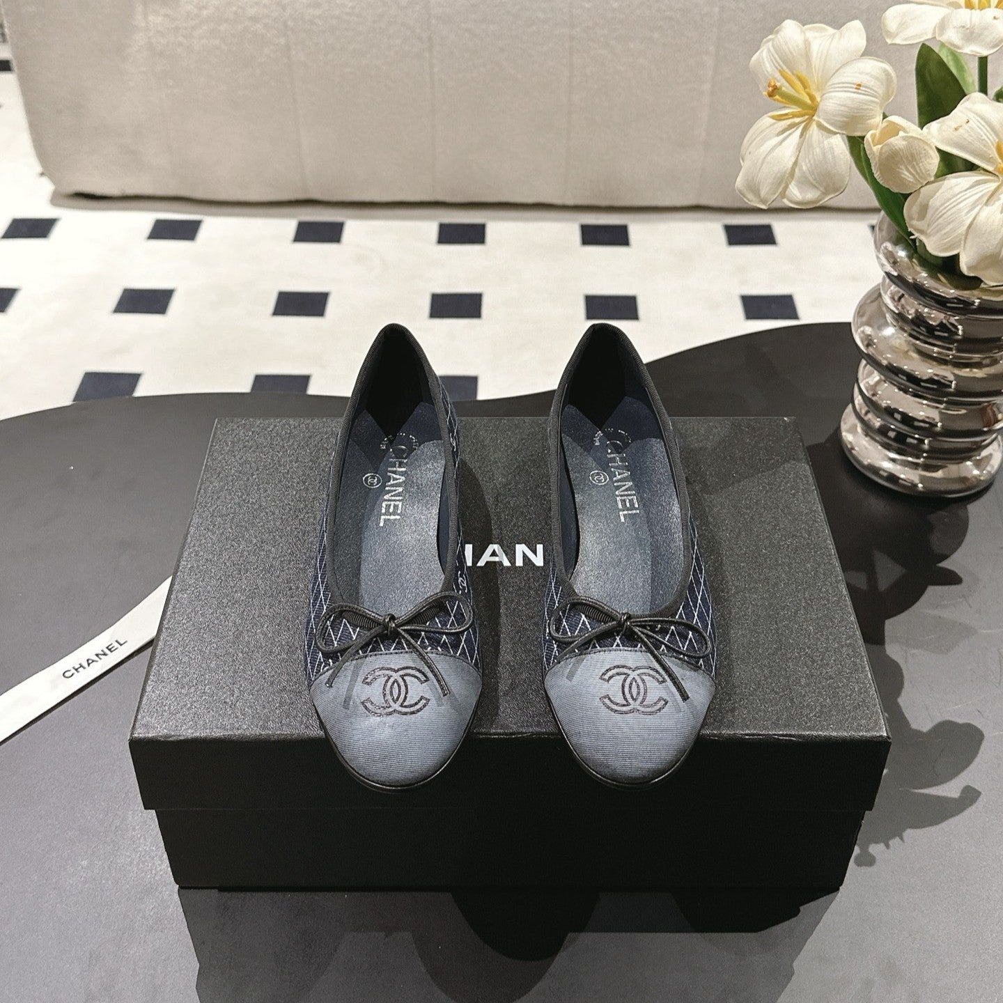25c ballet flat cross line pattern dark blue denim 237480