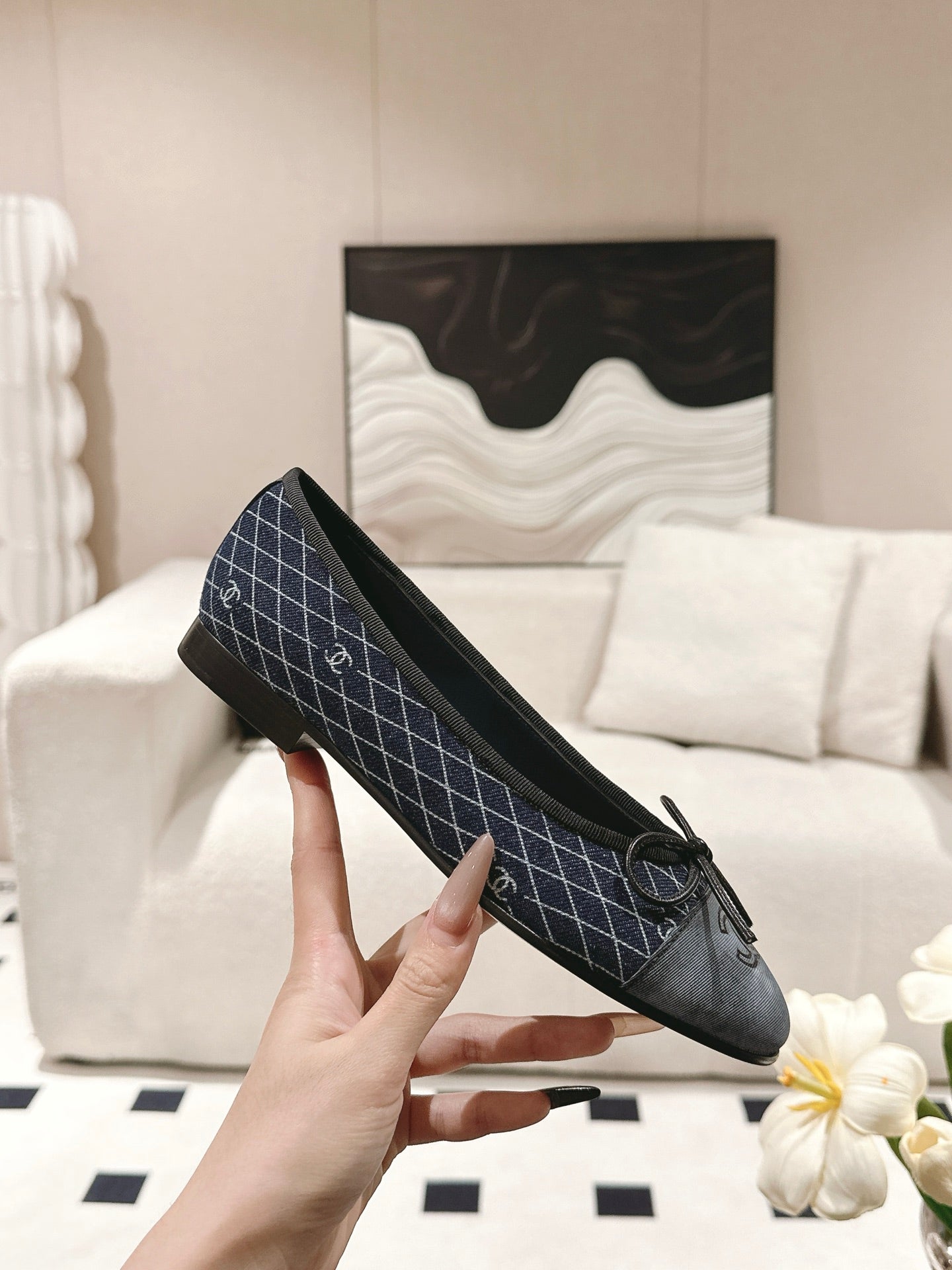 25c ballet flat cross line pattern dark blue denim 237480