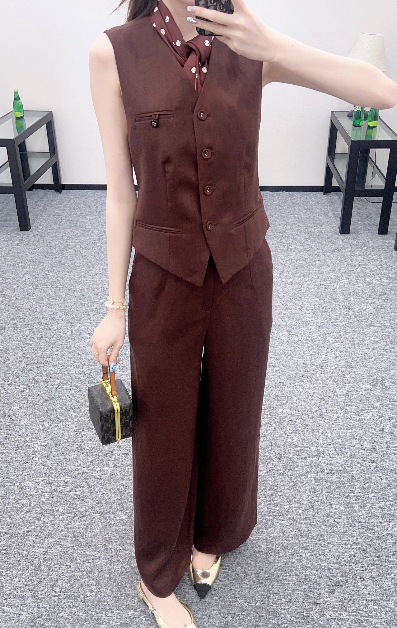 25 Silk scarf vest wide-legged pants set