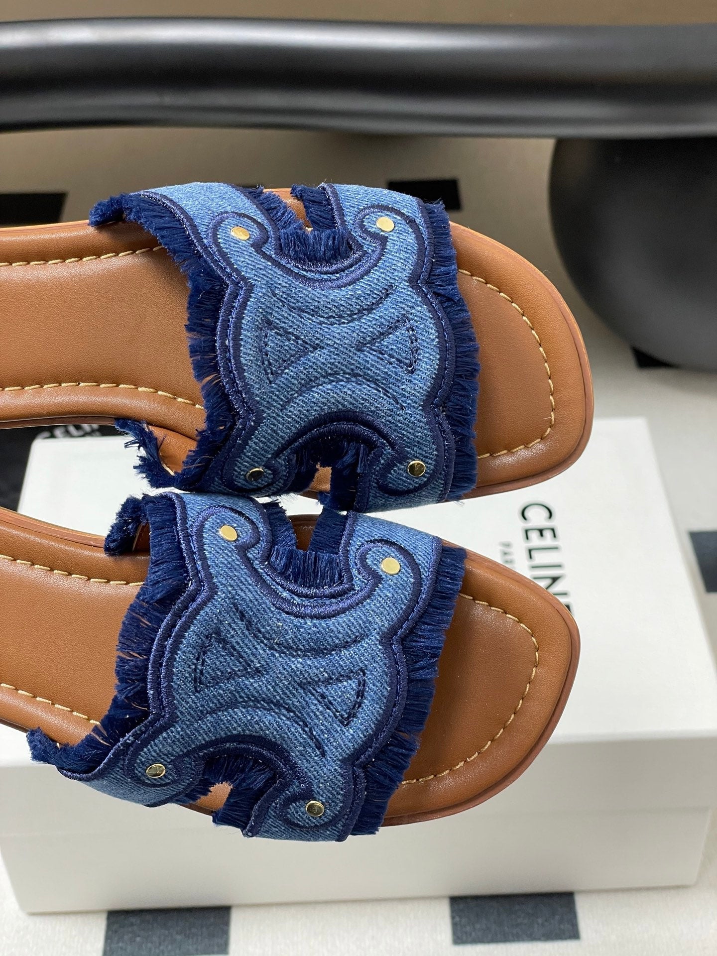 Marina Fringed Flat Mule In Blue Denim 319736