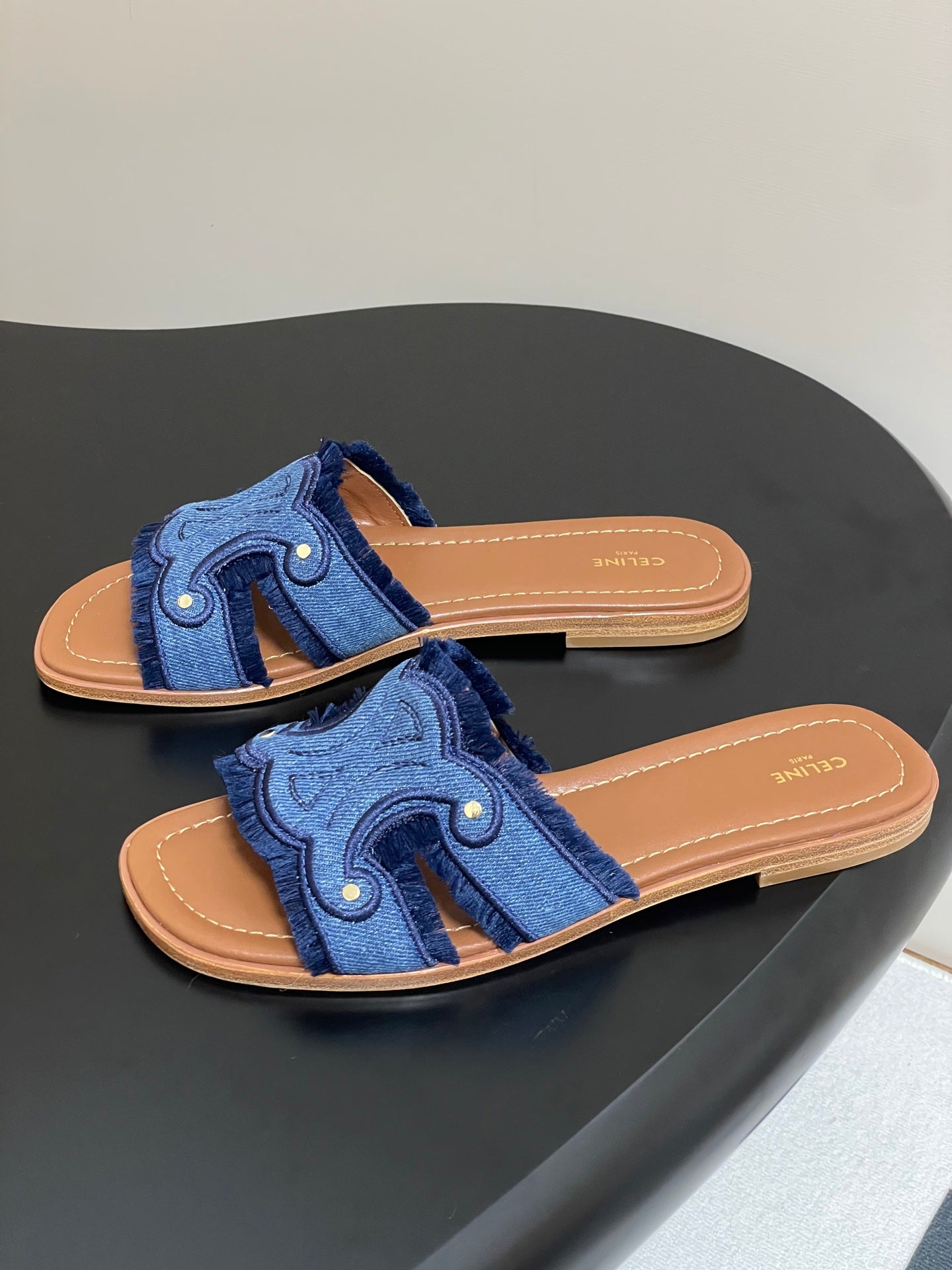 Marina Fringed Flat Mule In Blue Denim 319736