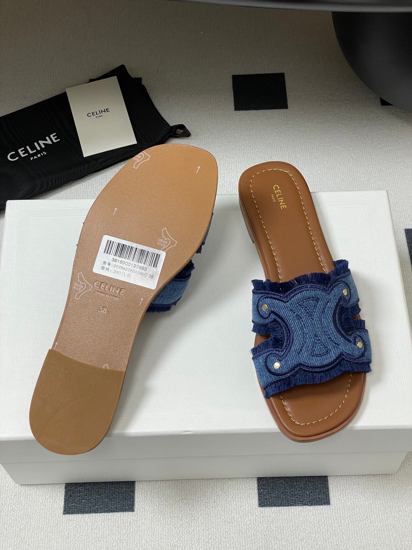 Marina Fringed Flat Mule In Blue Denim 319736