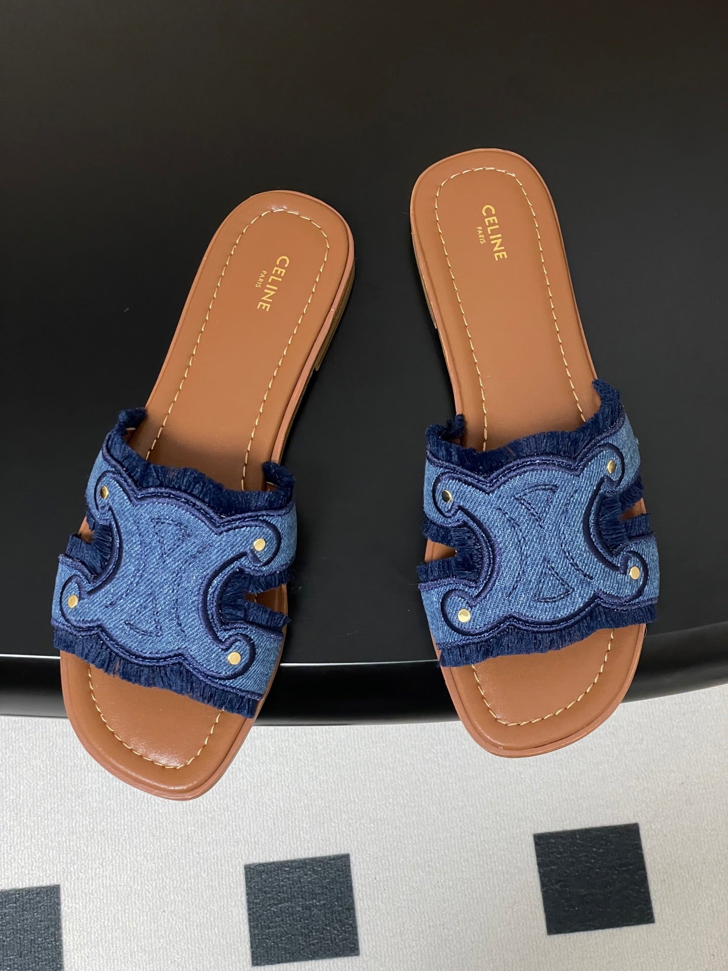 Marina Fringed Flat Mule In Blue Denim 319736