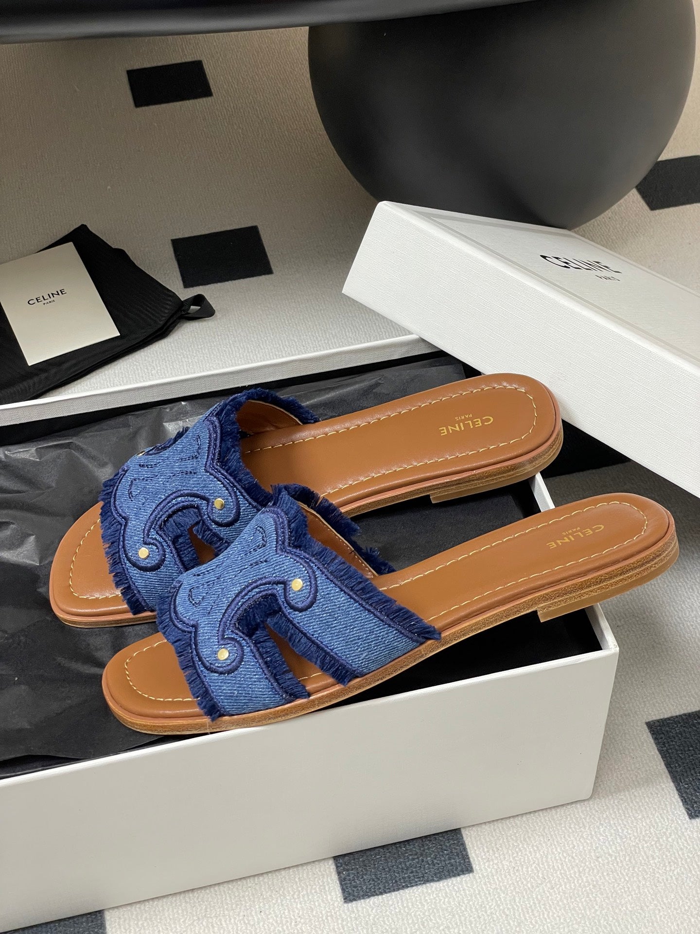 Marina Fringed Flat Mule In Blue Denim 319736