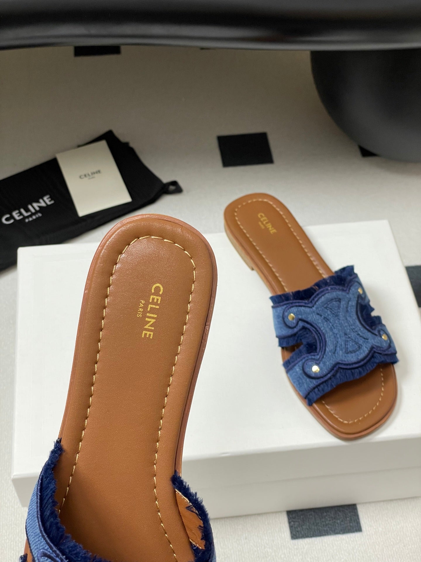 Marina Fringed Flat Mule In Blue Denim 319736