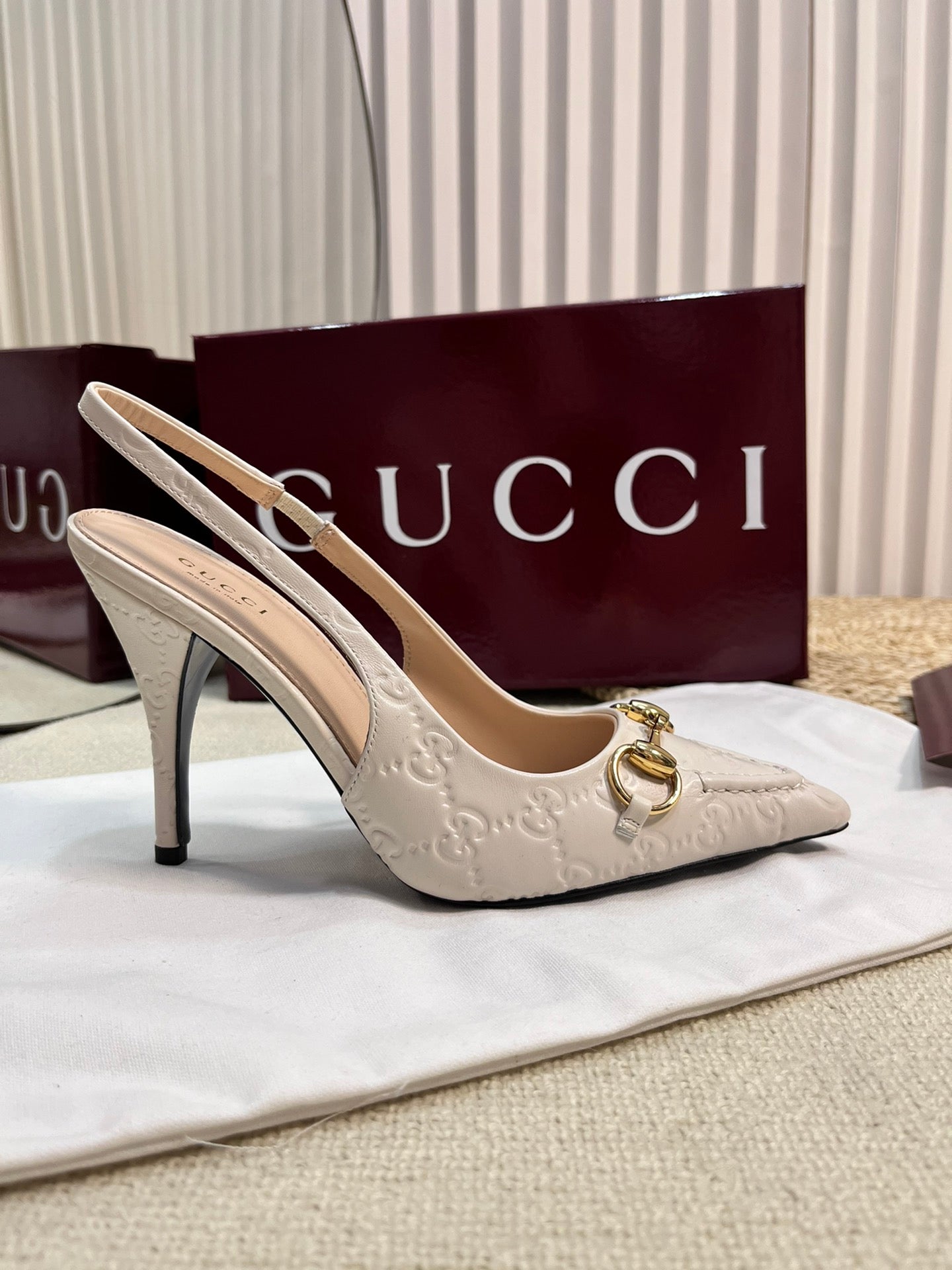 Horsebit Slingback Pump 100mm Ivory Embossed Sheepskin 294580