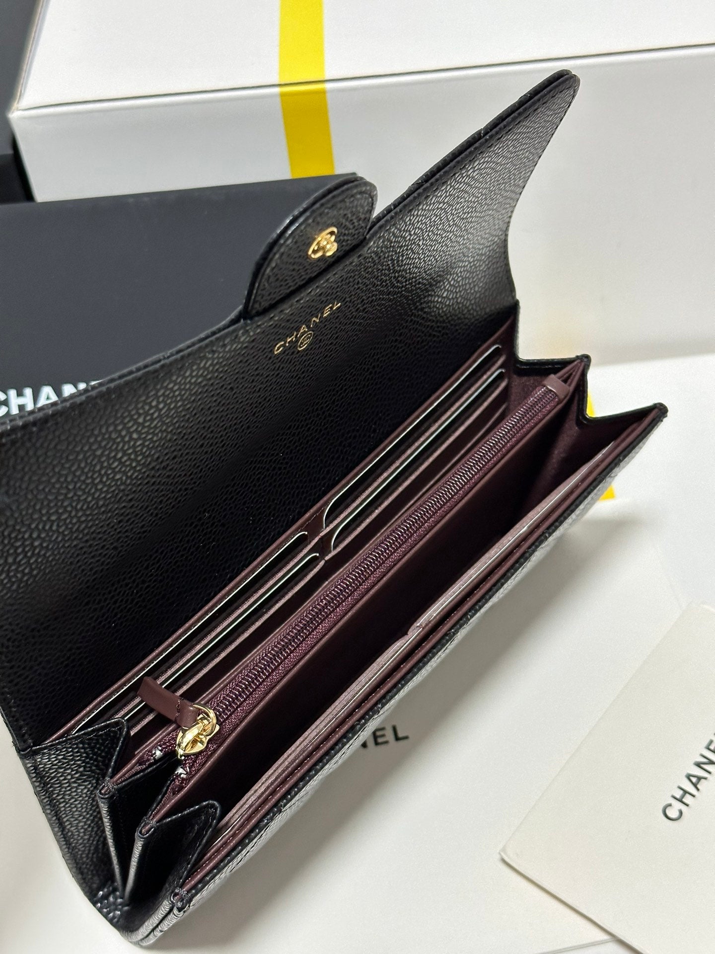 Classic Long Flap Wallet Black Quilted Caviar Gold Buckle 243676