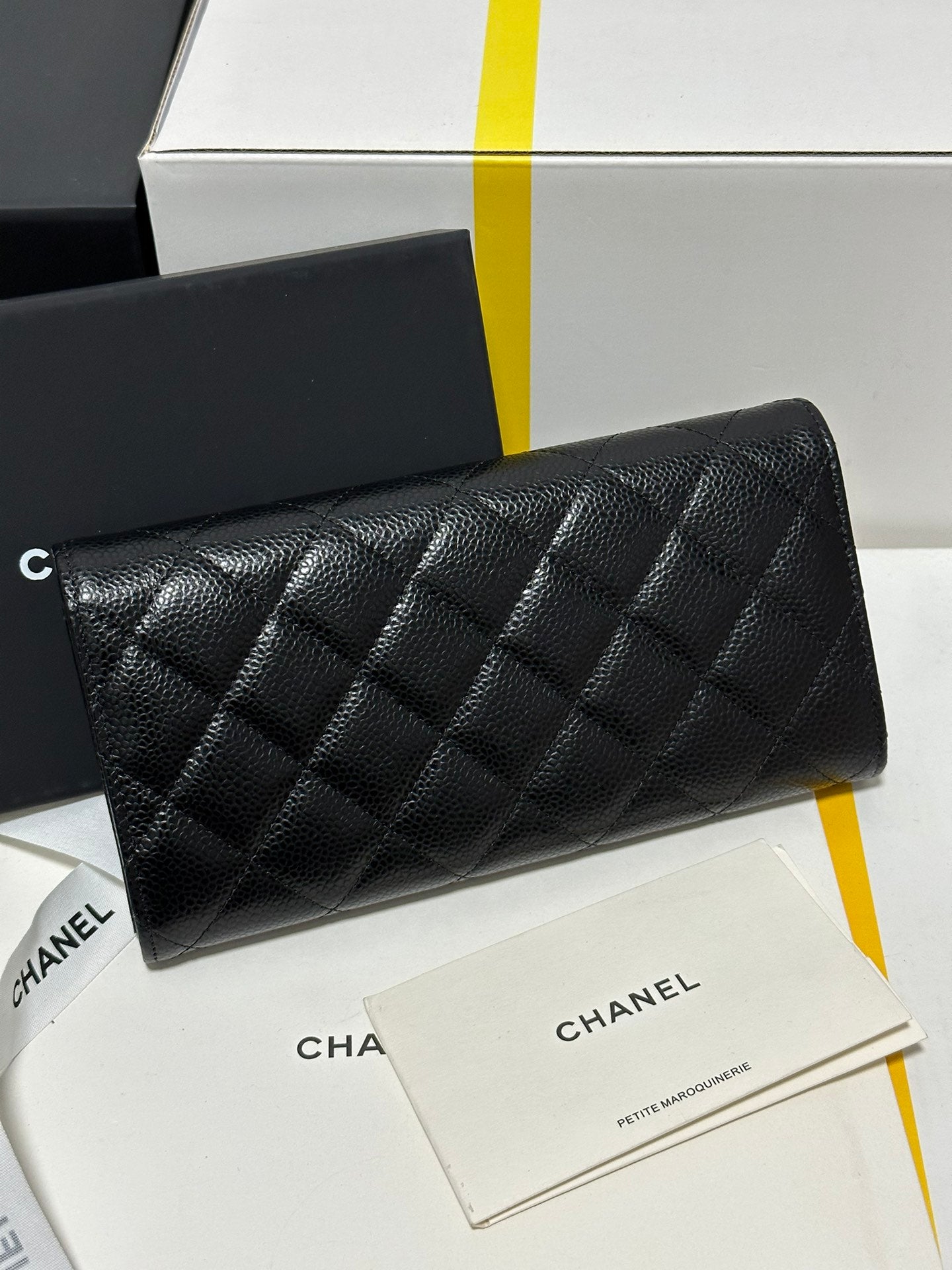 Classic Long Flap Wallet Black Quilted Caviar Gold Buckle 243676