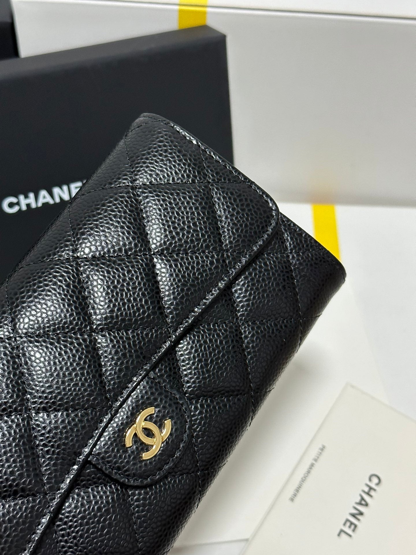 Classic Long Flap Wallet Black Quilted Caviar Gold Buckle 243676
