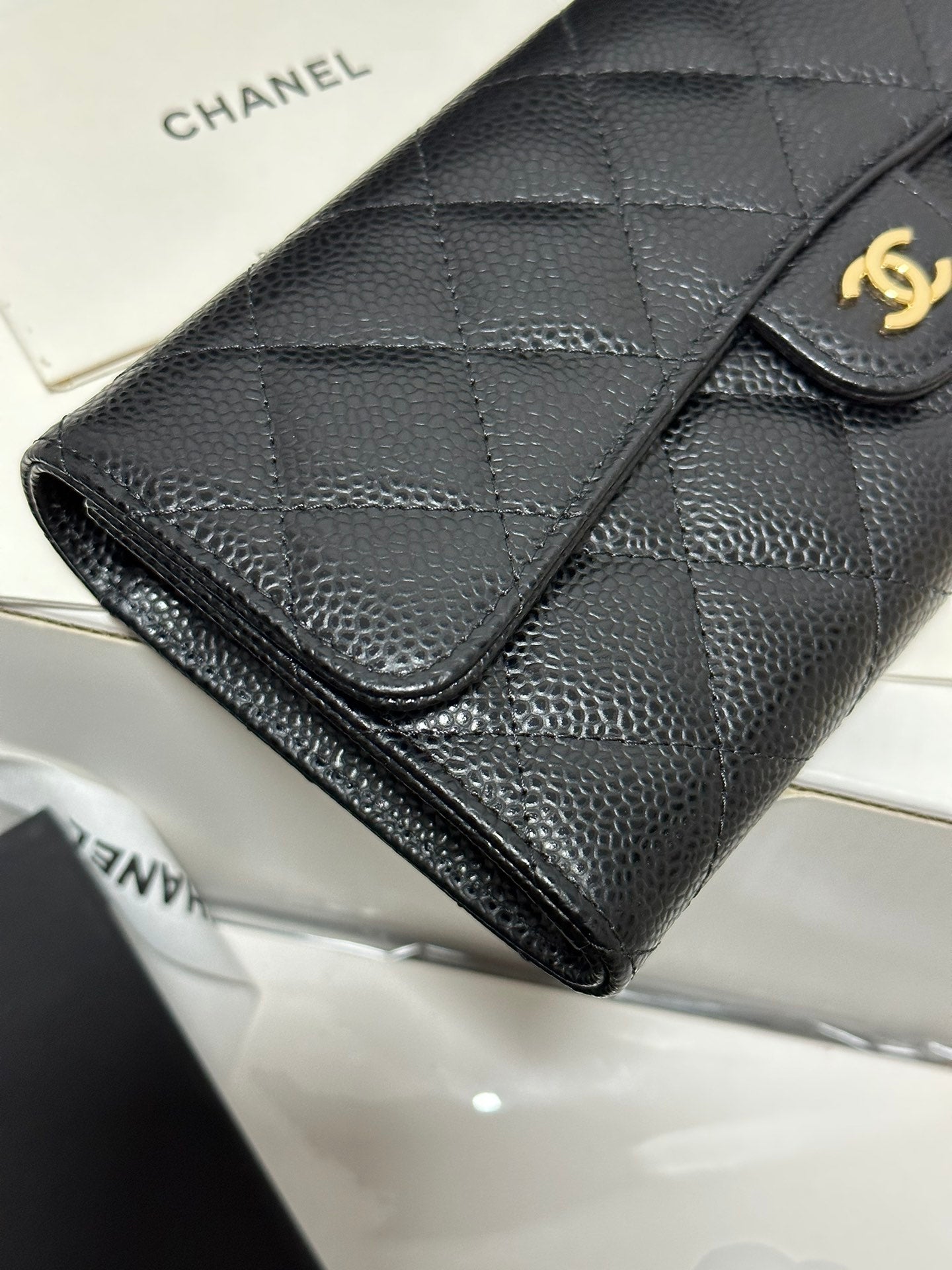 Classic Long Flap Wallet Black Quilted Caviar Gold Buckle 243676