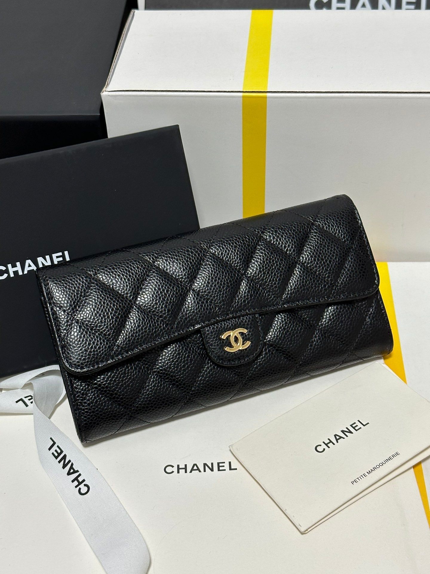 Classic Long Flap Wallet Black Quilted Caviar Gold Buckle 243676