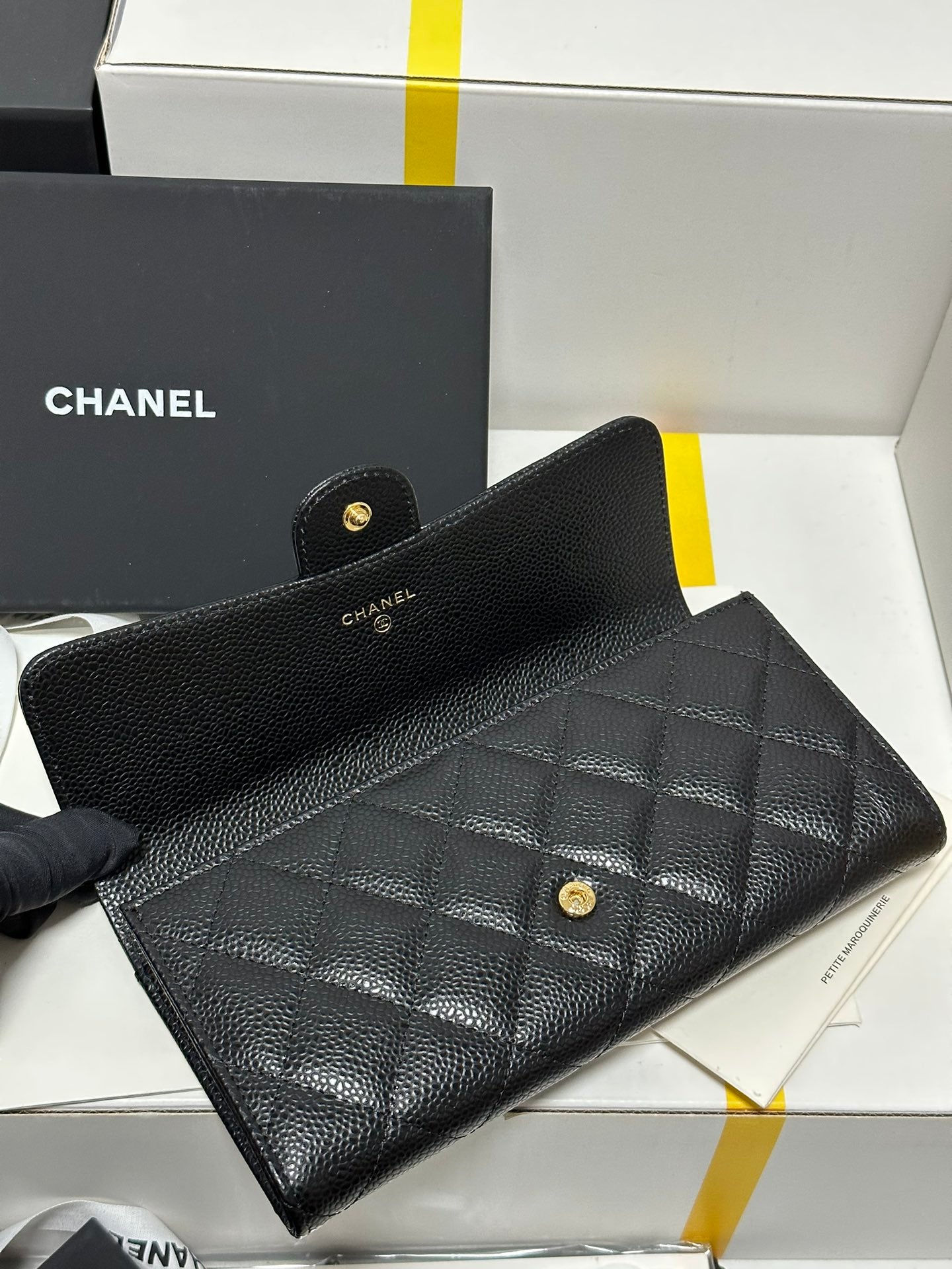 Classic Long Flap Wallet Black Quilted Caviar Gold Buckle 243676