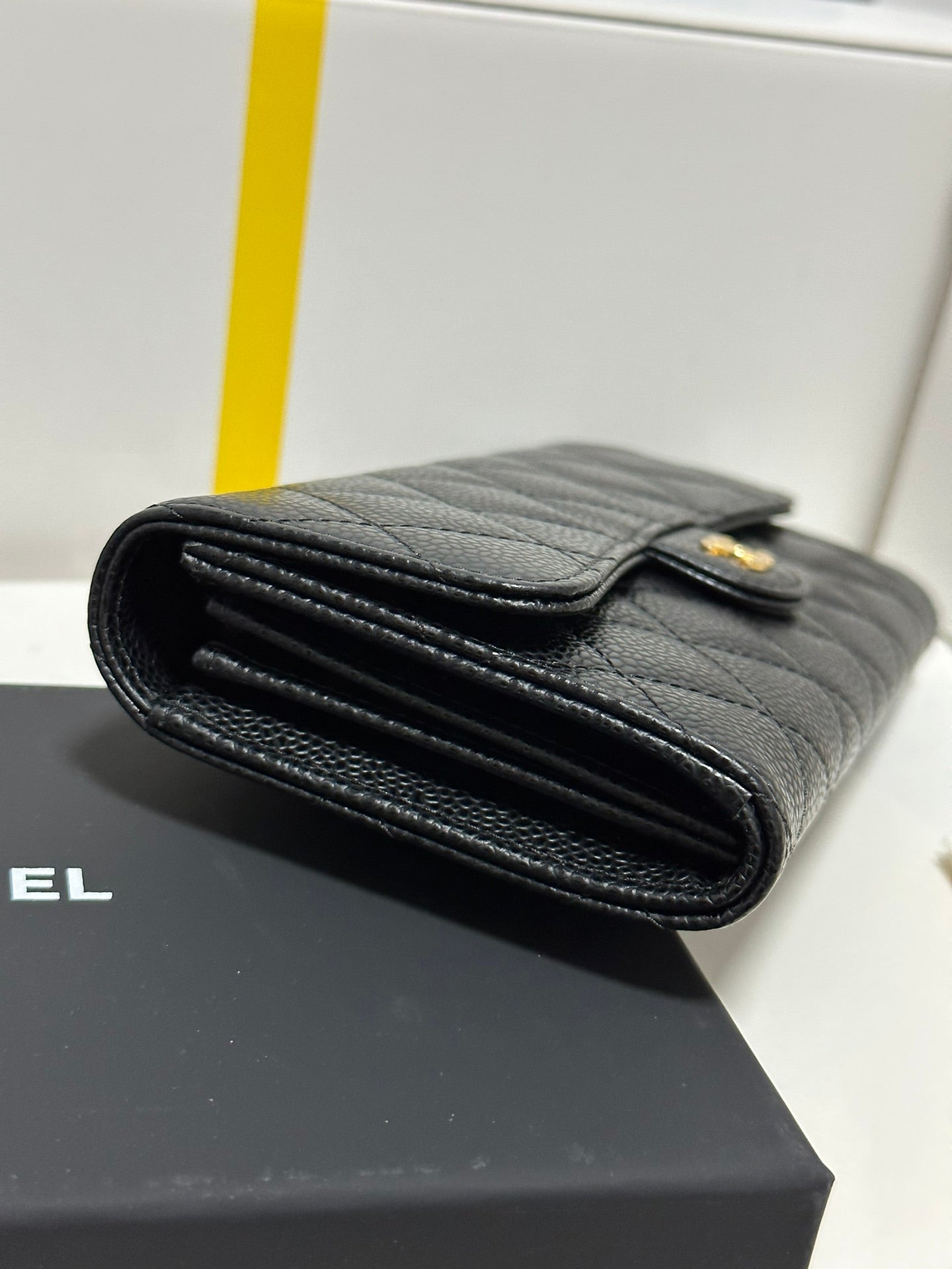 Classic Long Flap Wallet Black Quilted Caviar Gold Buckle 243676