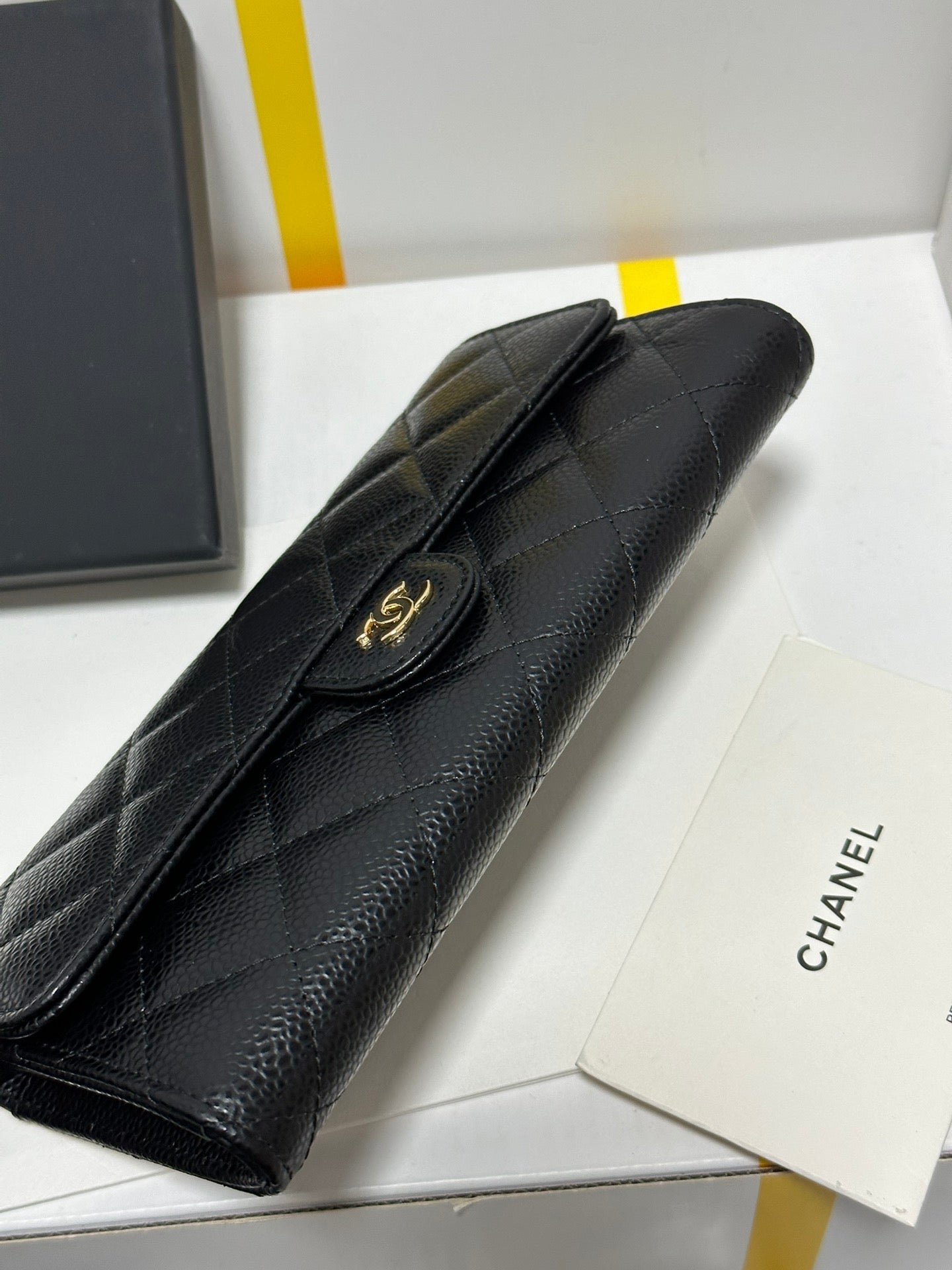 Classic Long Flap Wallet Black Quilted Caviar Gold Buckle 243676