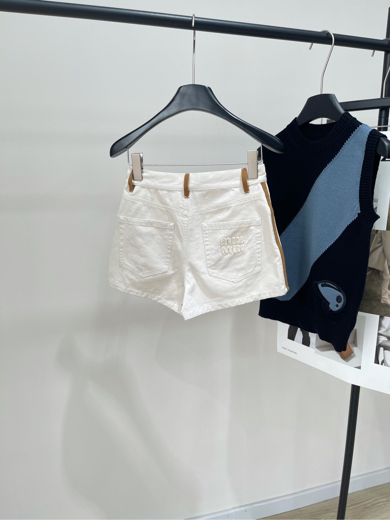 M 25 white suede velvet trim denim shorts