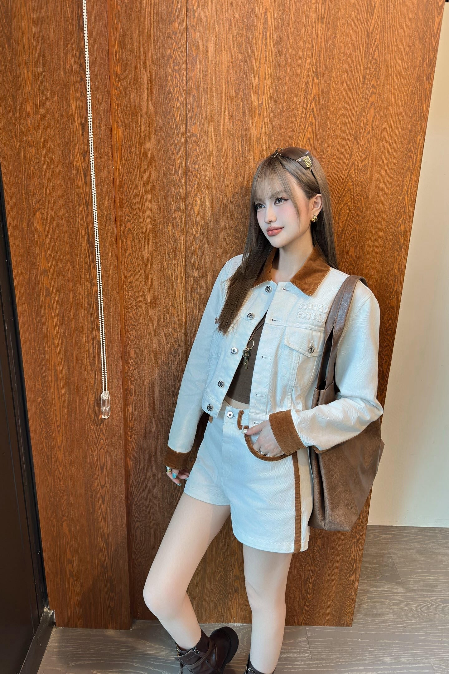 M 25 white suede velvet trim denim shorts