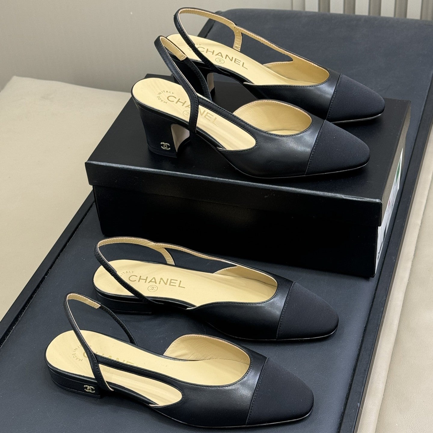 Classic Slingback Black Beige Goatskin Black Grosgrain 282286