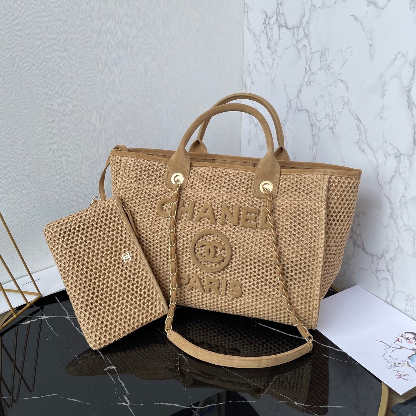 25 Deauville Tote Bag 34cm Beige Crochet Suede