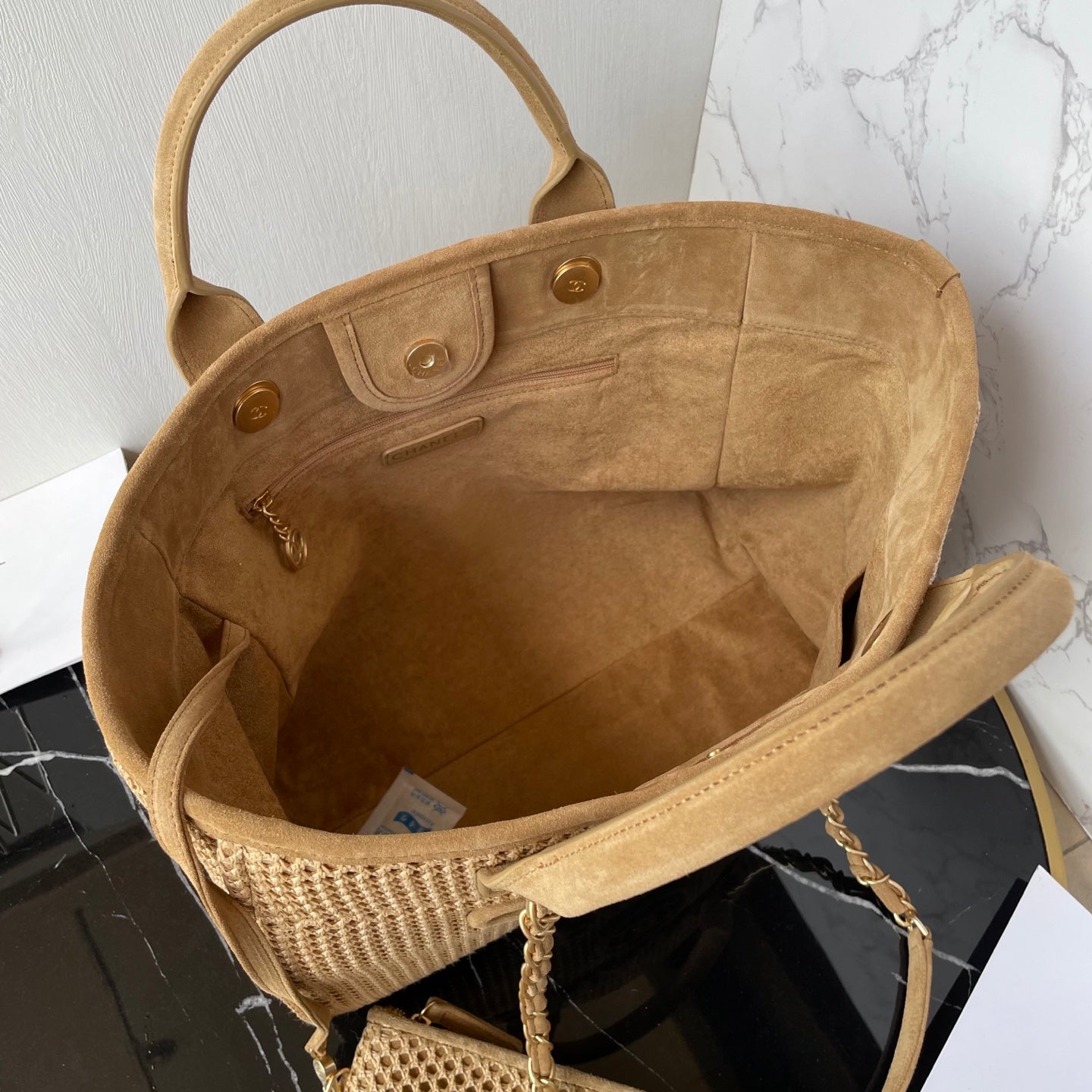 25 Deauville Tote Bag 34cm Beige Crochet Suede