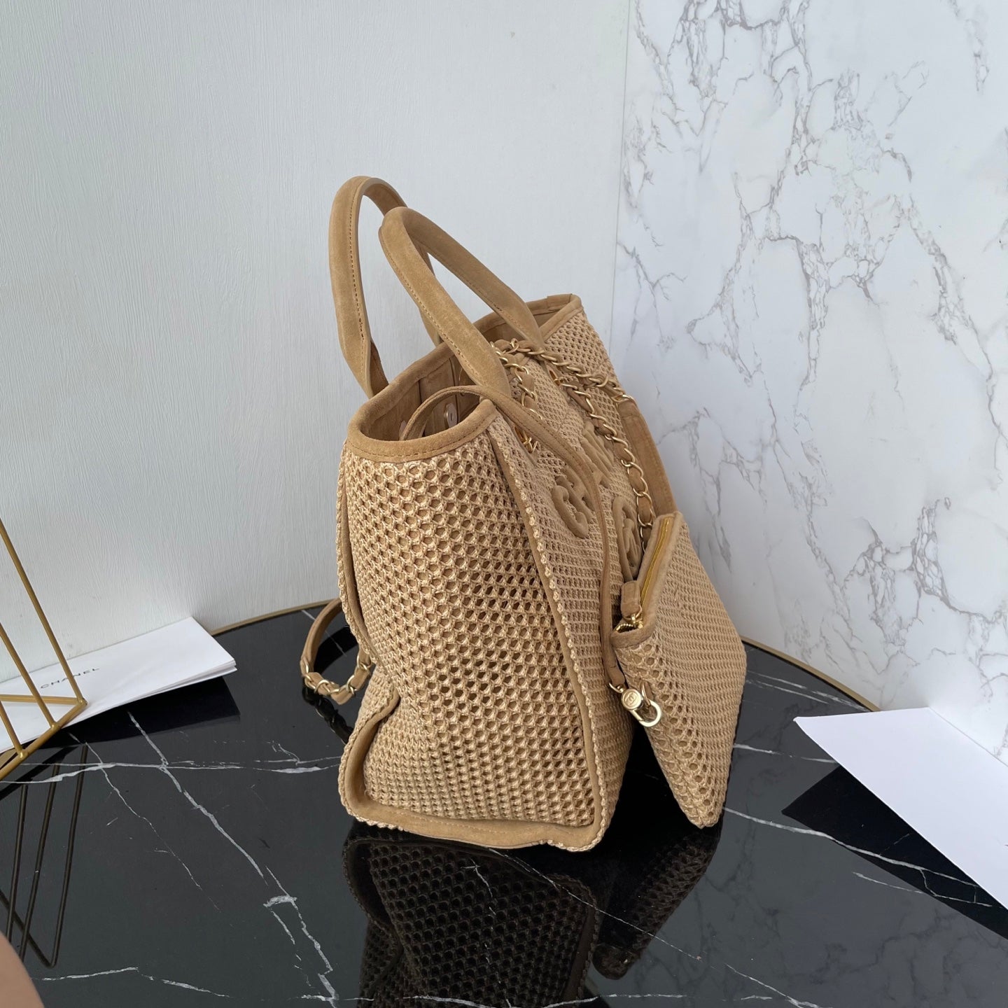 25 Deauville Tote Bag 34cm Beige Crochet Suede