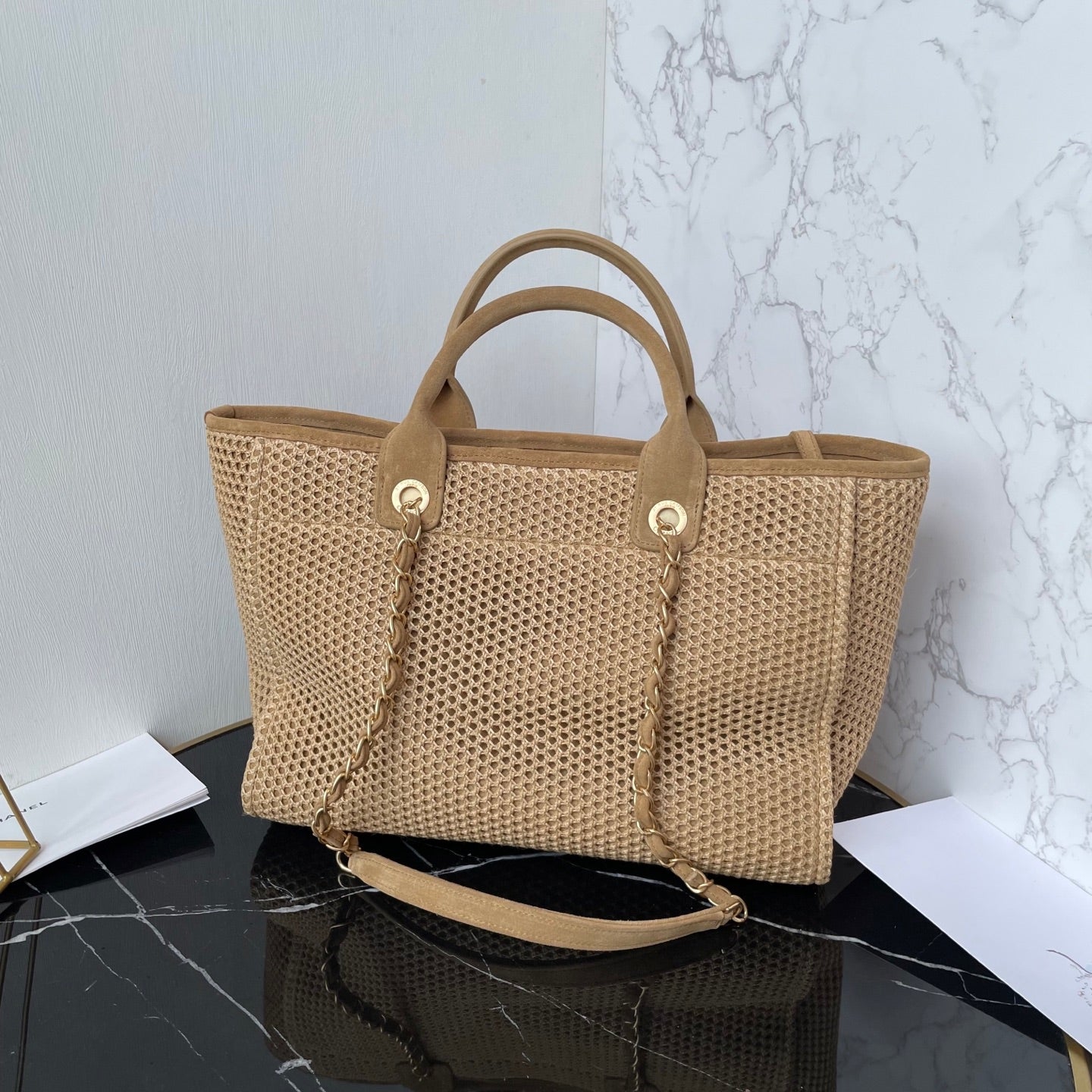 25 Deauville Tote Bag 34cm Beige Crochet Suede