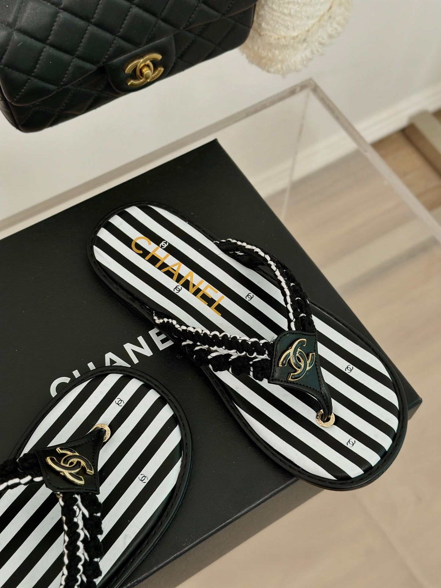 25 Thong Sandal Braided Striped Black White
