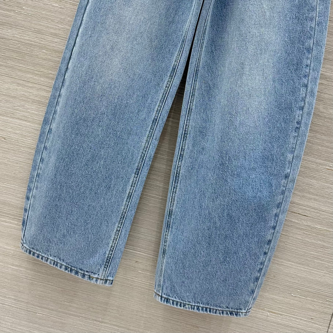 25 Pocket Embossed Letter Straight Jeans Blue Cotton