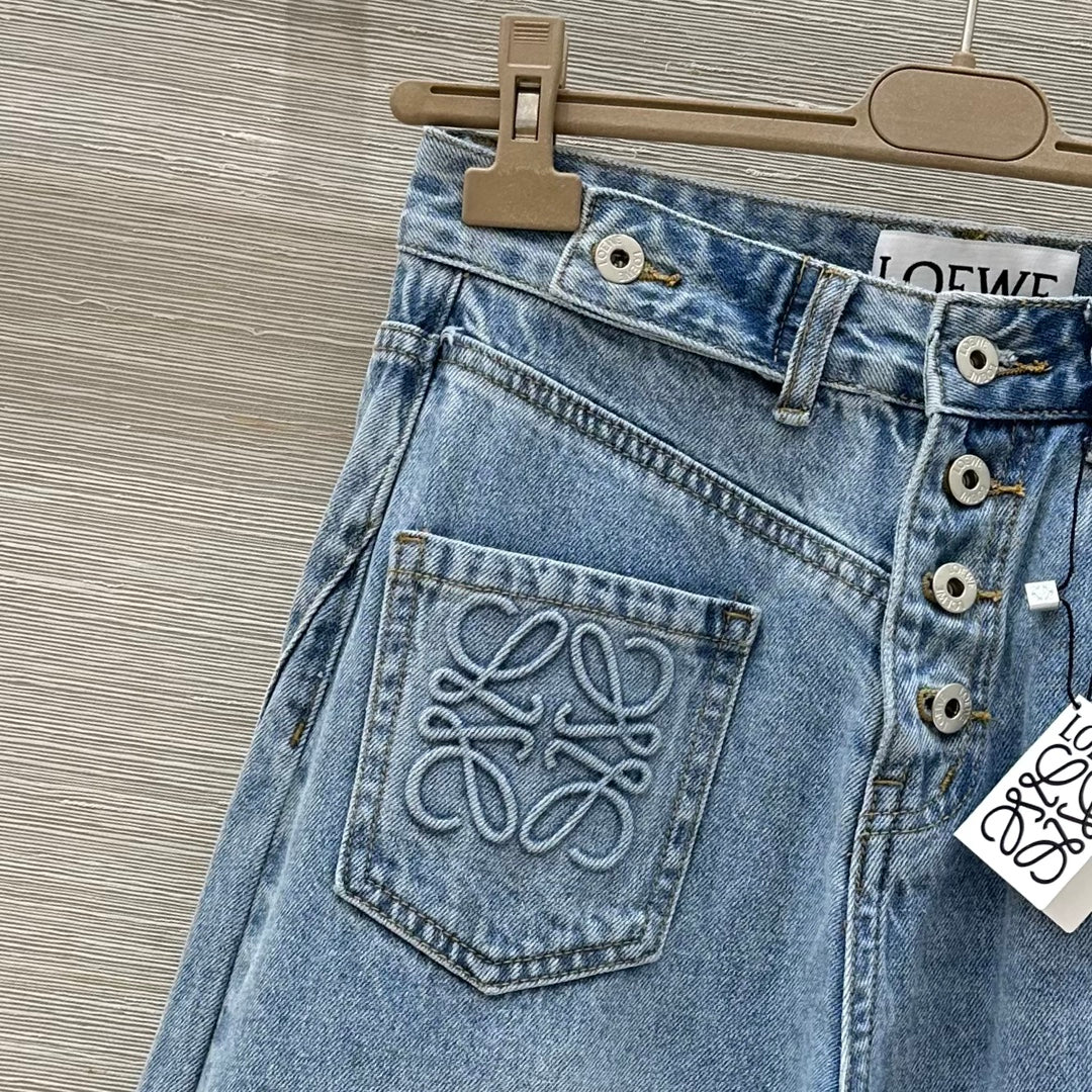25 Pocket Embossed Letter Straight Jeans Blue Cotton