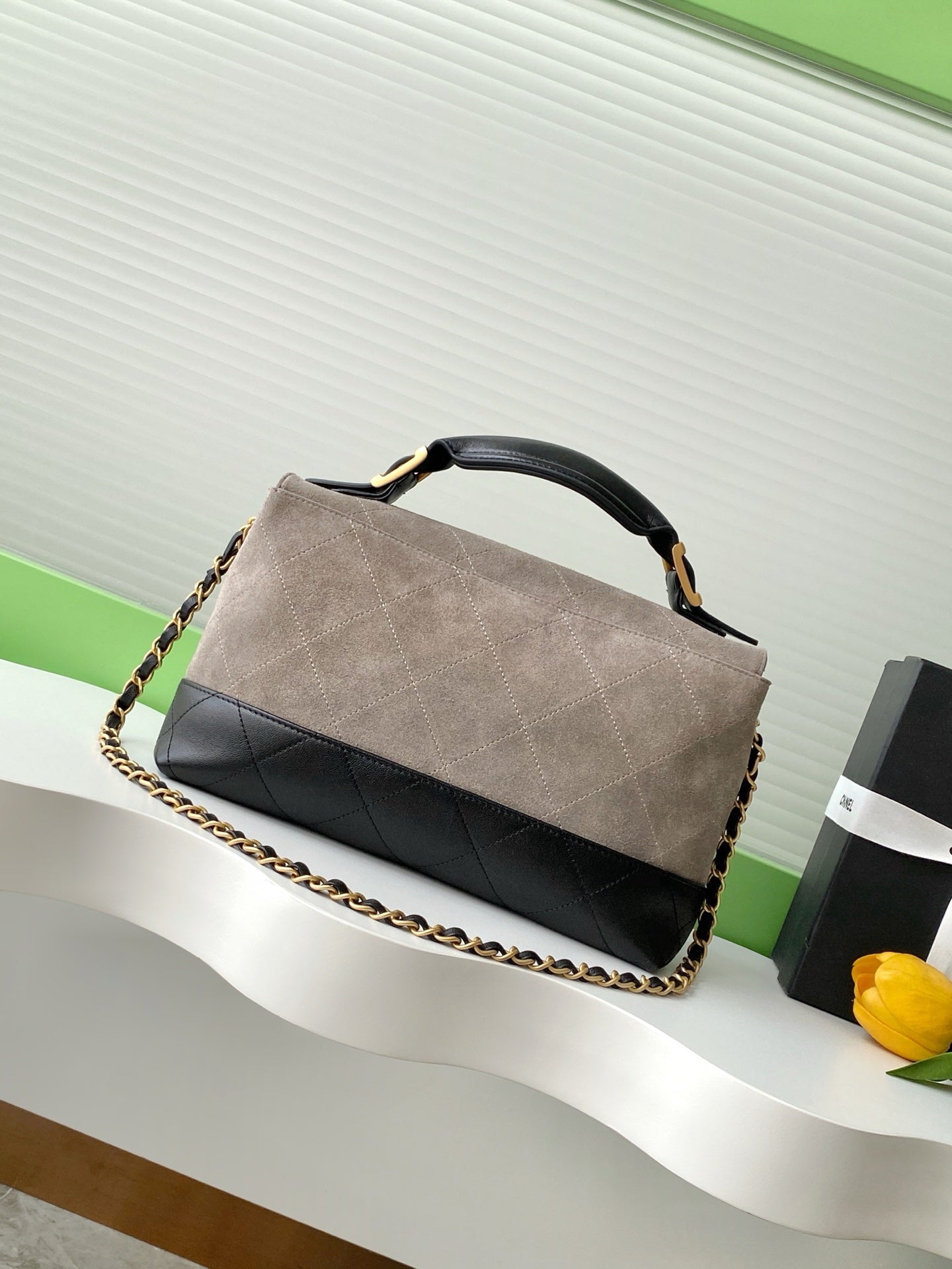 25A Flap Bag 29cm Grey Suede Black Calfskin