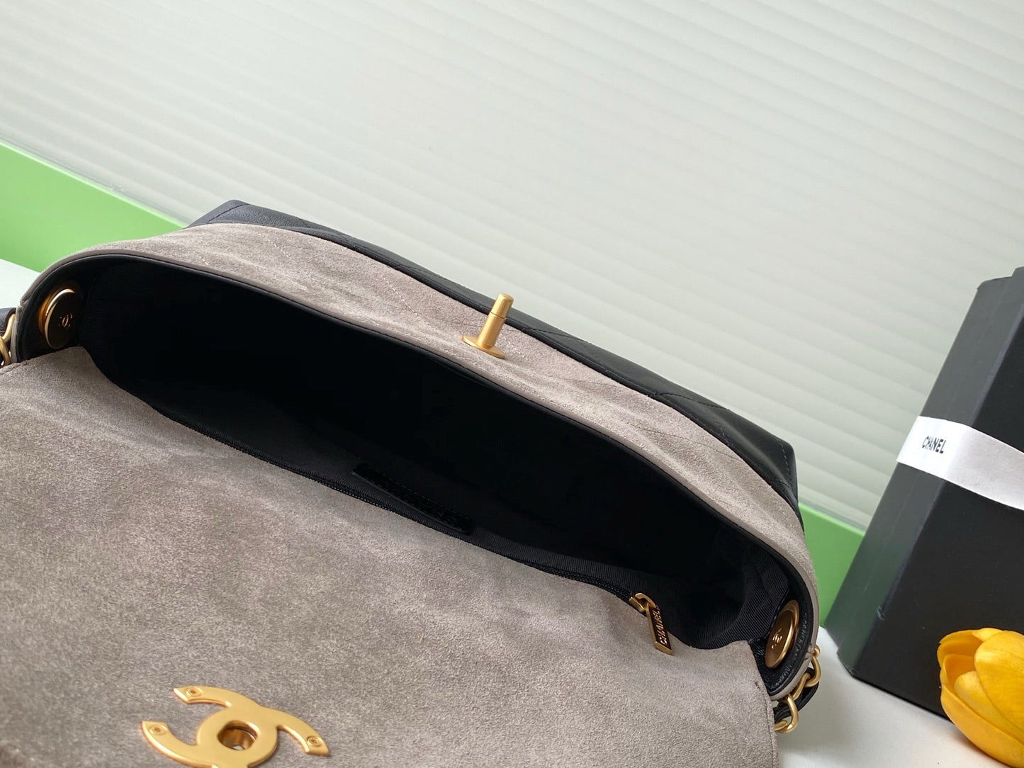 25A Flap Bag 29cm Grey Suede Black Calfskin