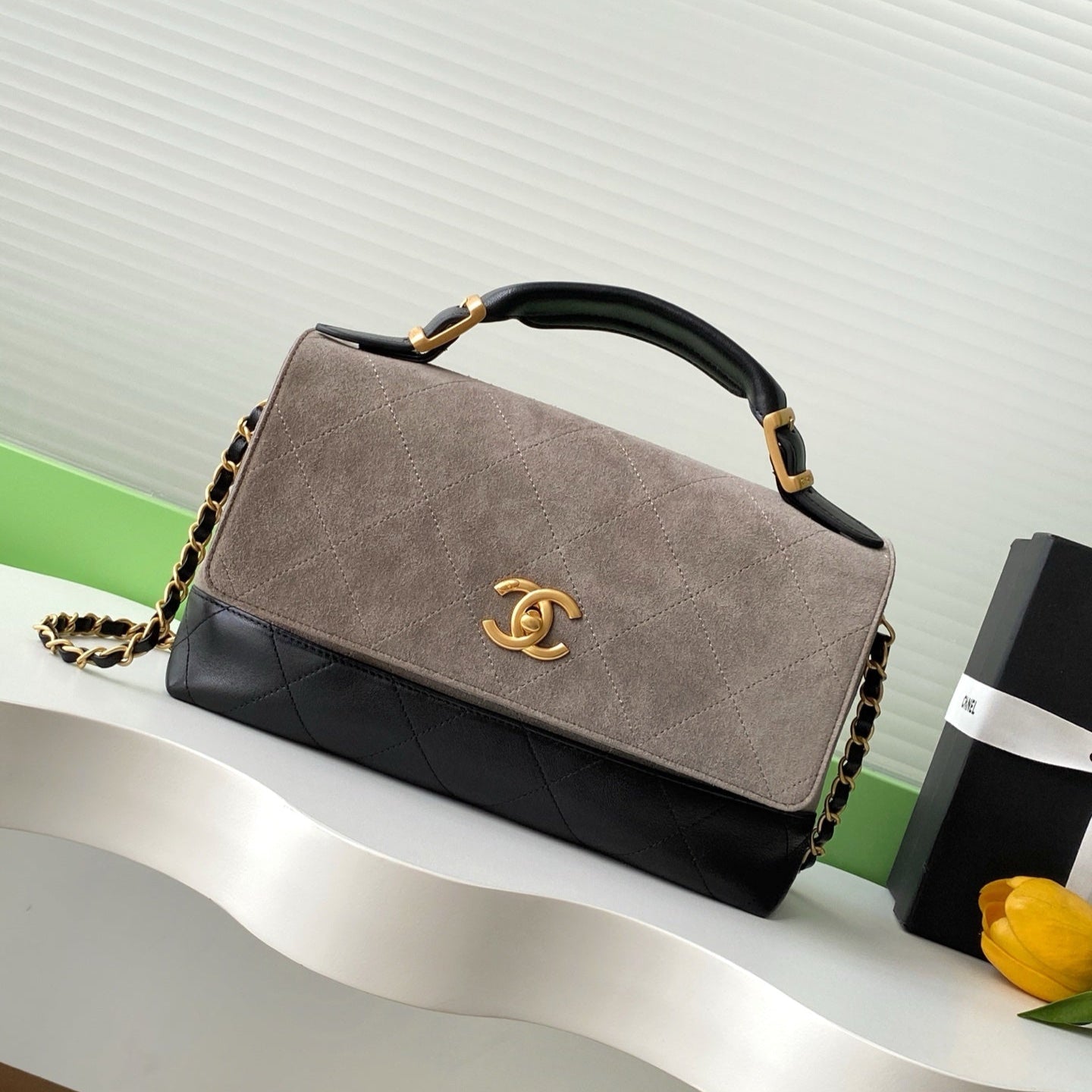 25A Flap Bag 29cm Grey Suede Black Calfskin