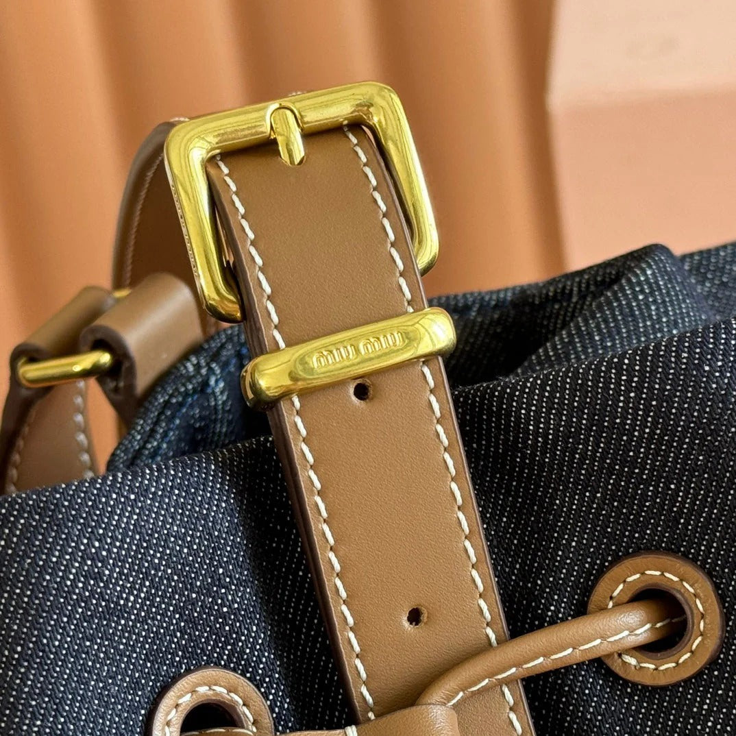 BUCKET BAG 29 DENIM BLUE AND BRANDY IN CANVAS