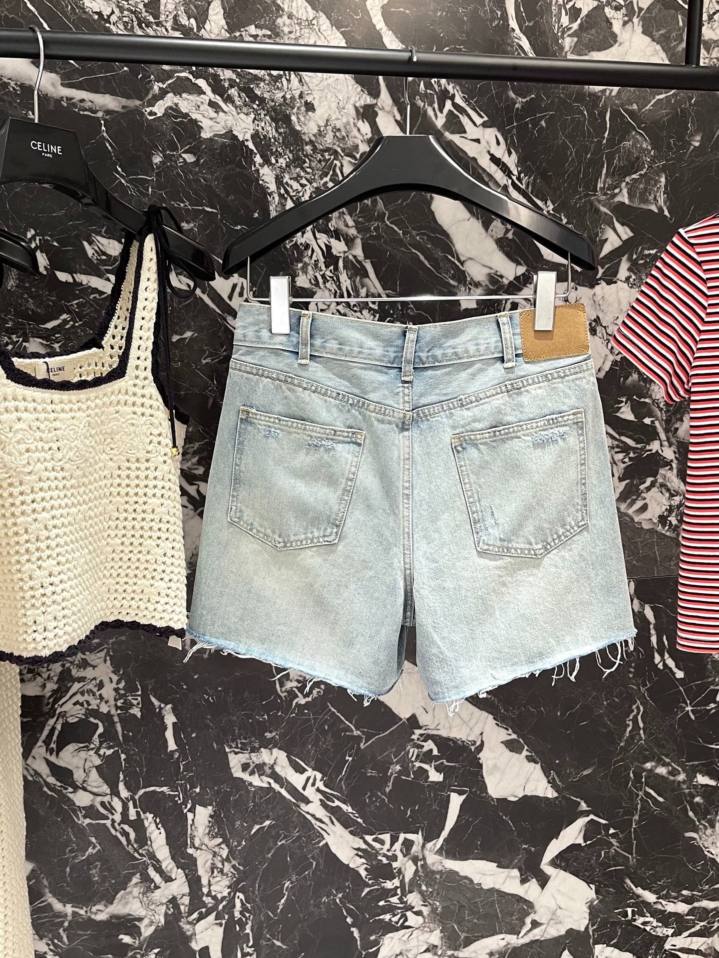 CE 25Ss spring and summer new logo embroidered burlap ripped denim shorts