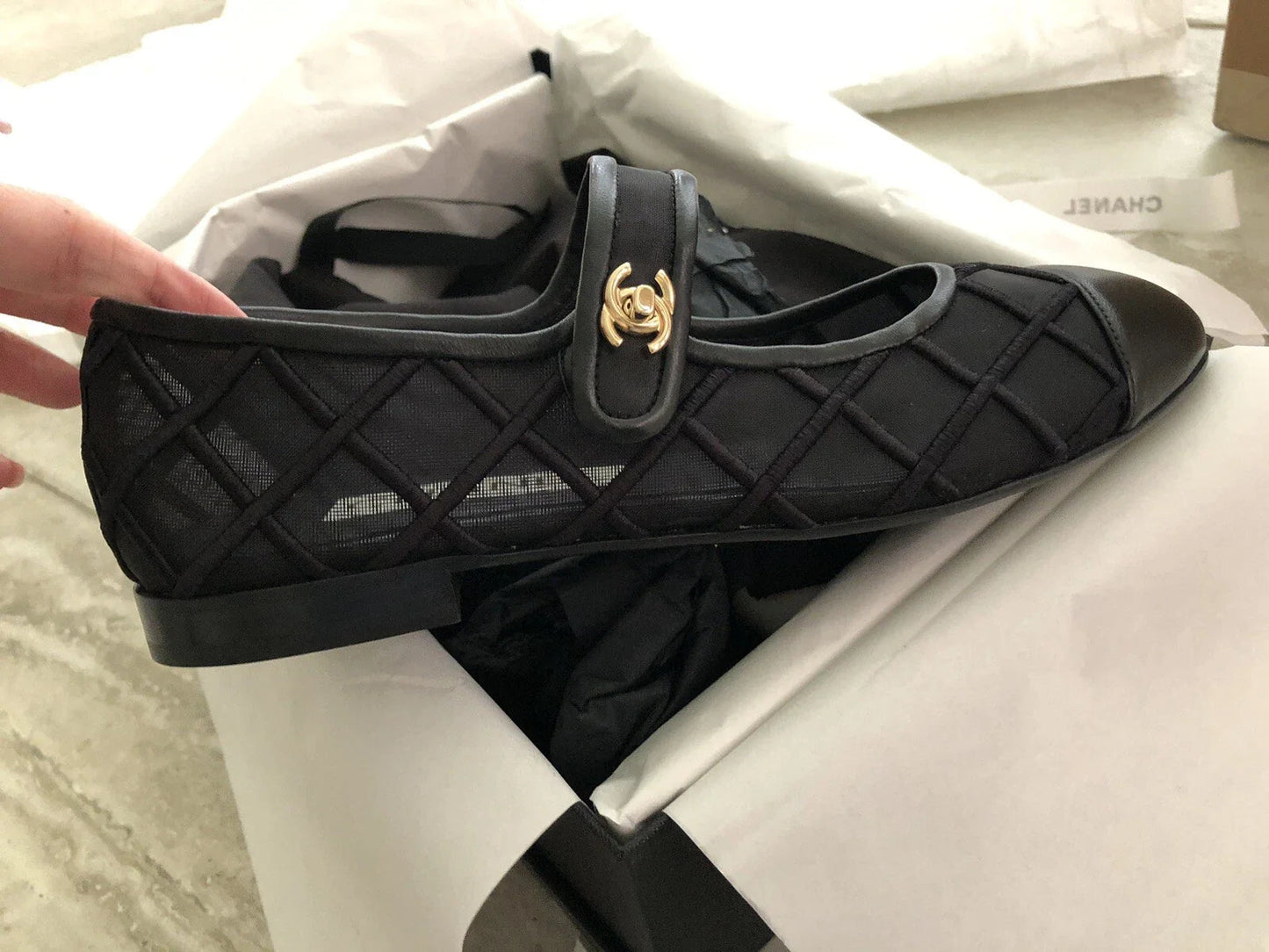 Mary Janes Flats Black Mesh Leather