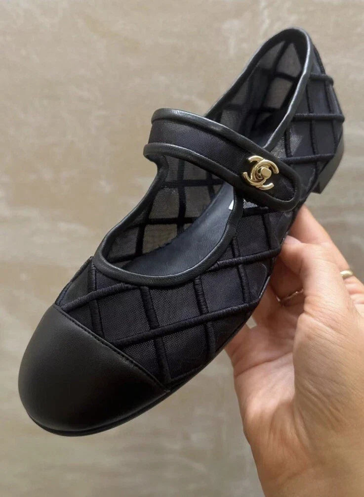Mary Janes Flats Black Mesh Leather