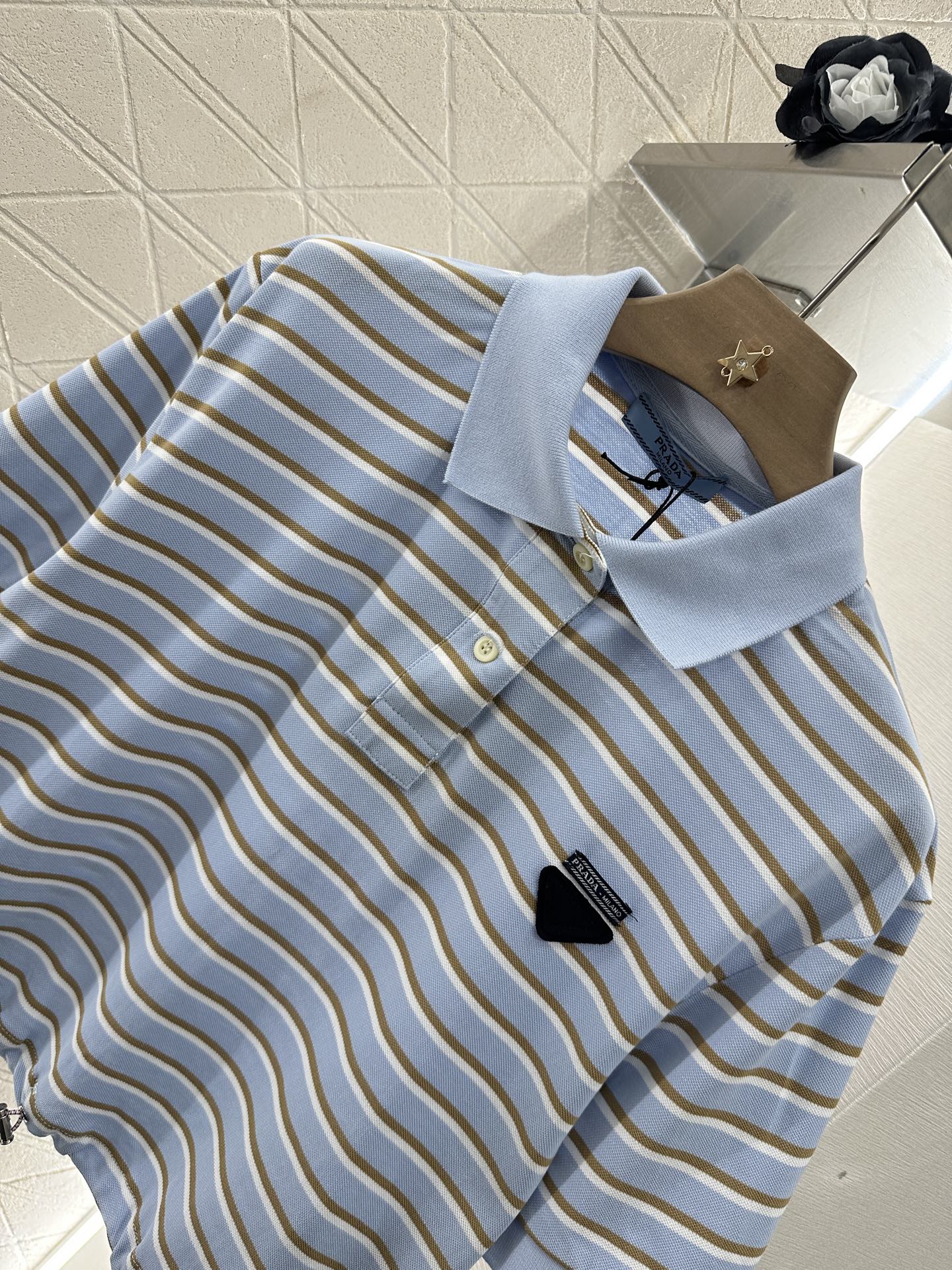 2025 new product Lapel striped short-sleeved top