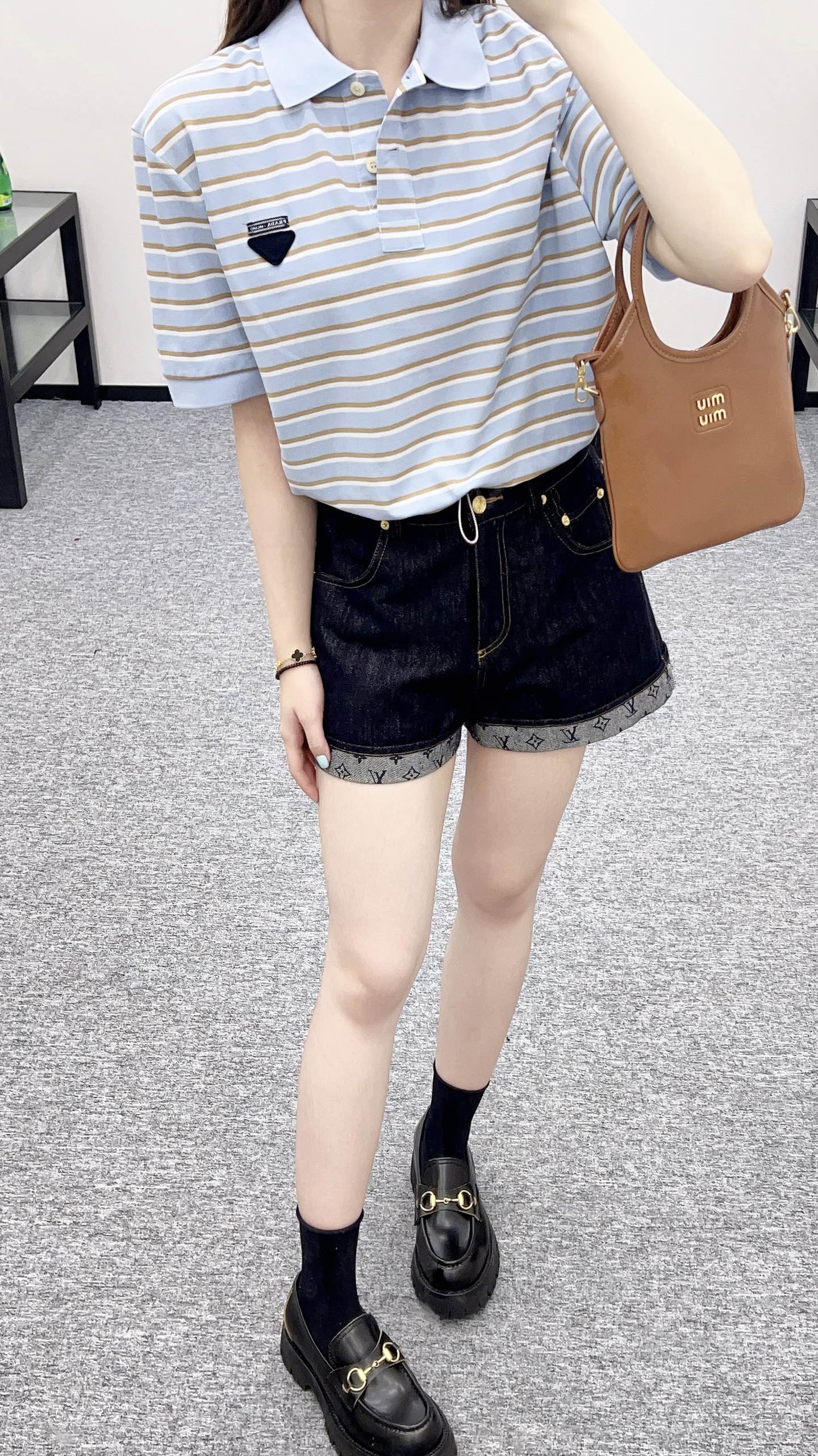 2025 new product Lapel striped short-sleeved top