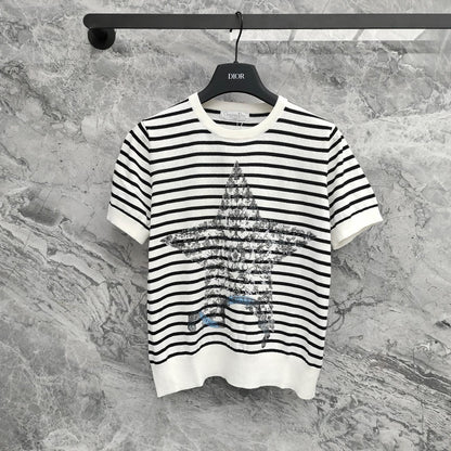 25  Platinum Collection Striped stars Printed high-fashion linen knit short sleeve!