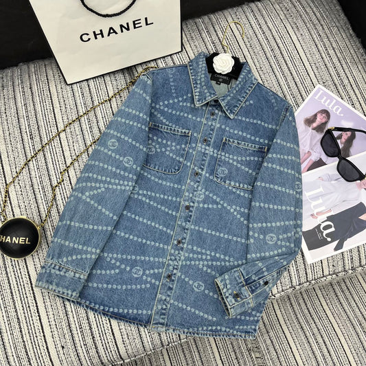 25ss Chain print lapel denim shirt