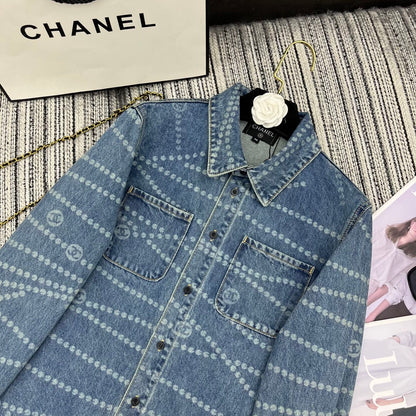 25ss Chain print lapel denim shirt