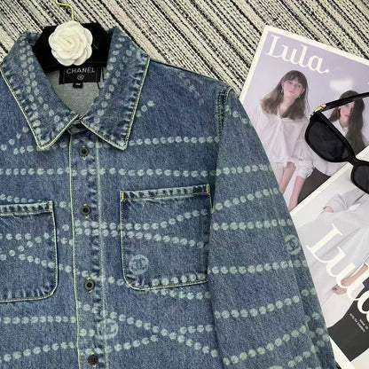 25ss Chain print lapel denim shirt