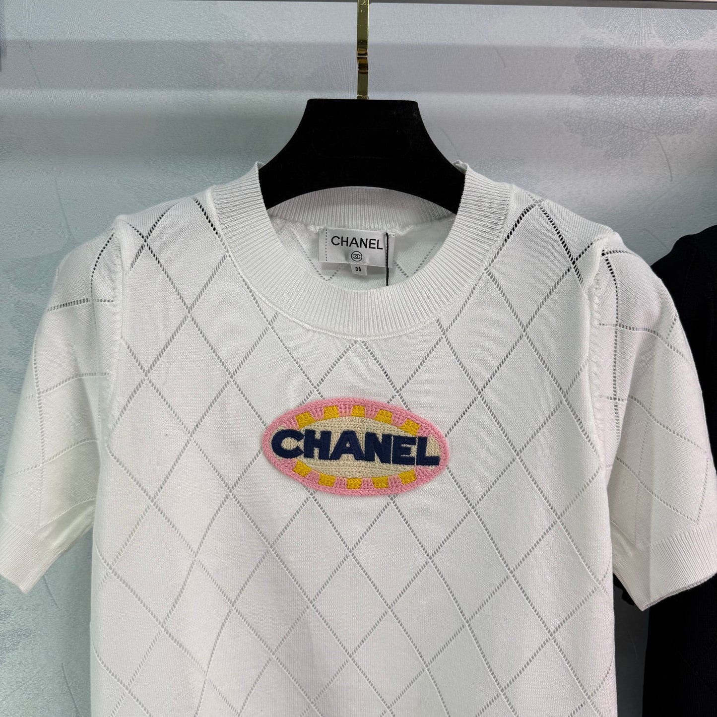 25SS Lingge hollow embroidery bead knitted round neck short sleeved shirt