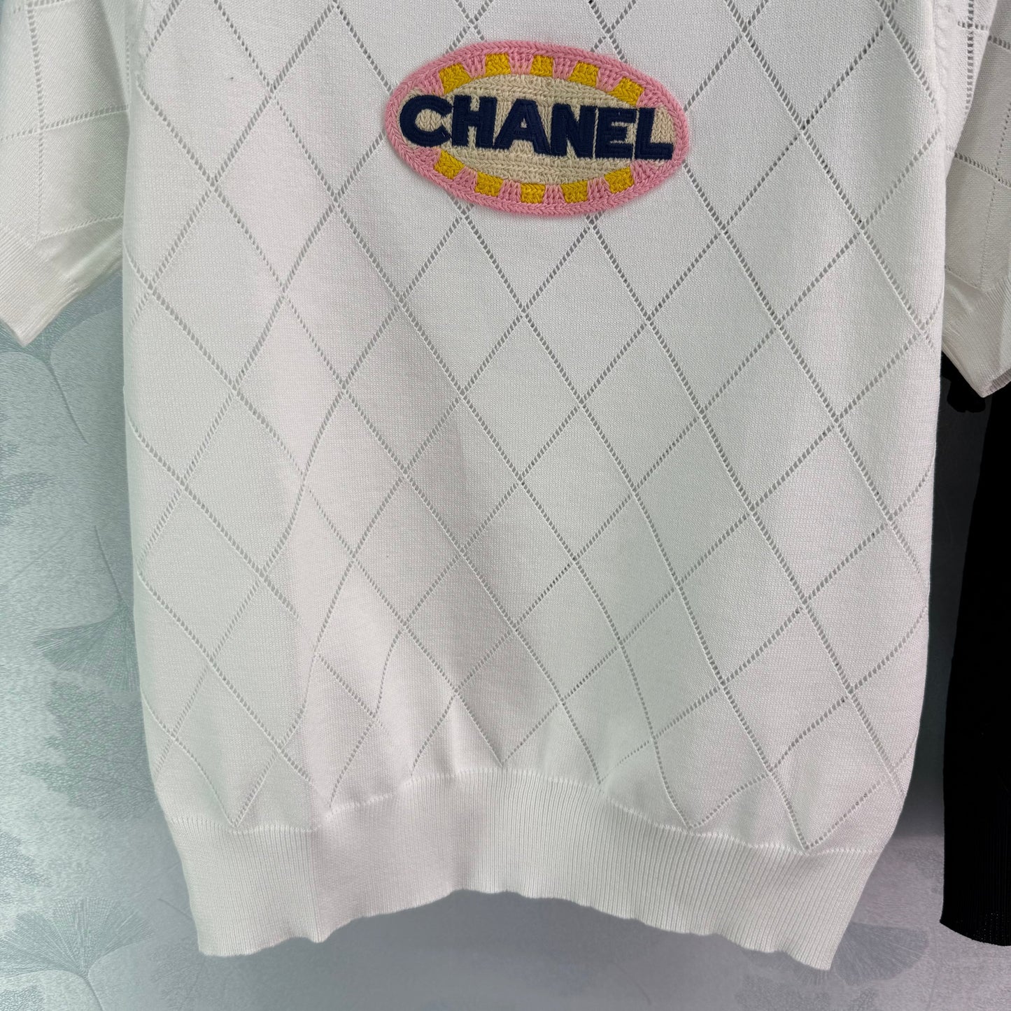 25SS Lingge hollow embroidery bead knitted round neck short sleeved shirt